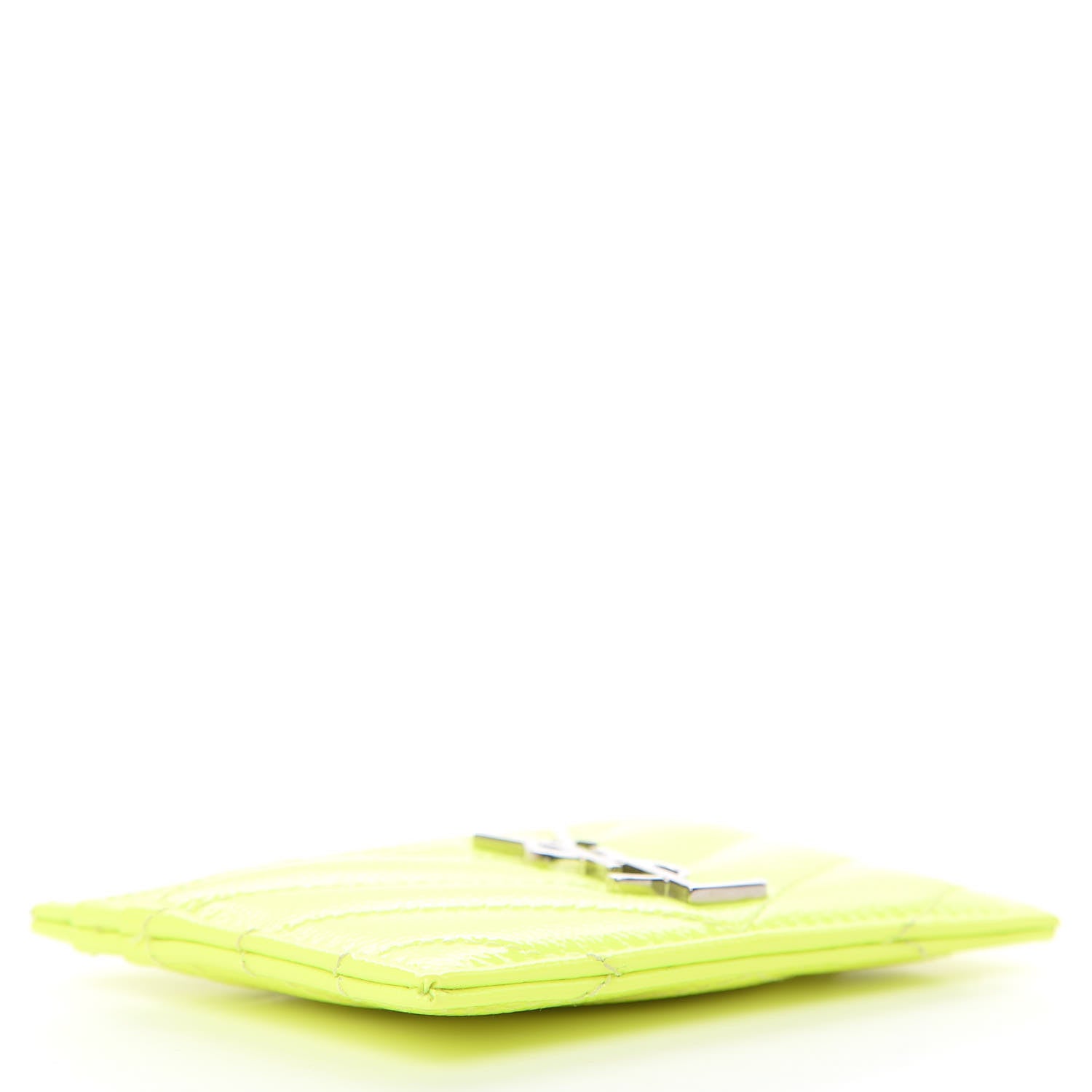 Saint Laurent Patent Grain De Poudre Matelasse Chevron Monogram Credit Card Case Neon Yellow 4 of 7