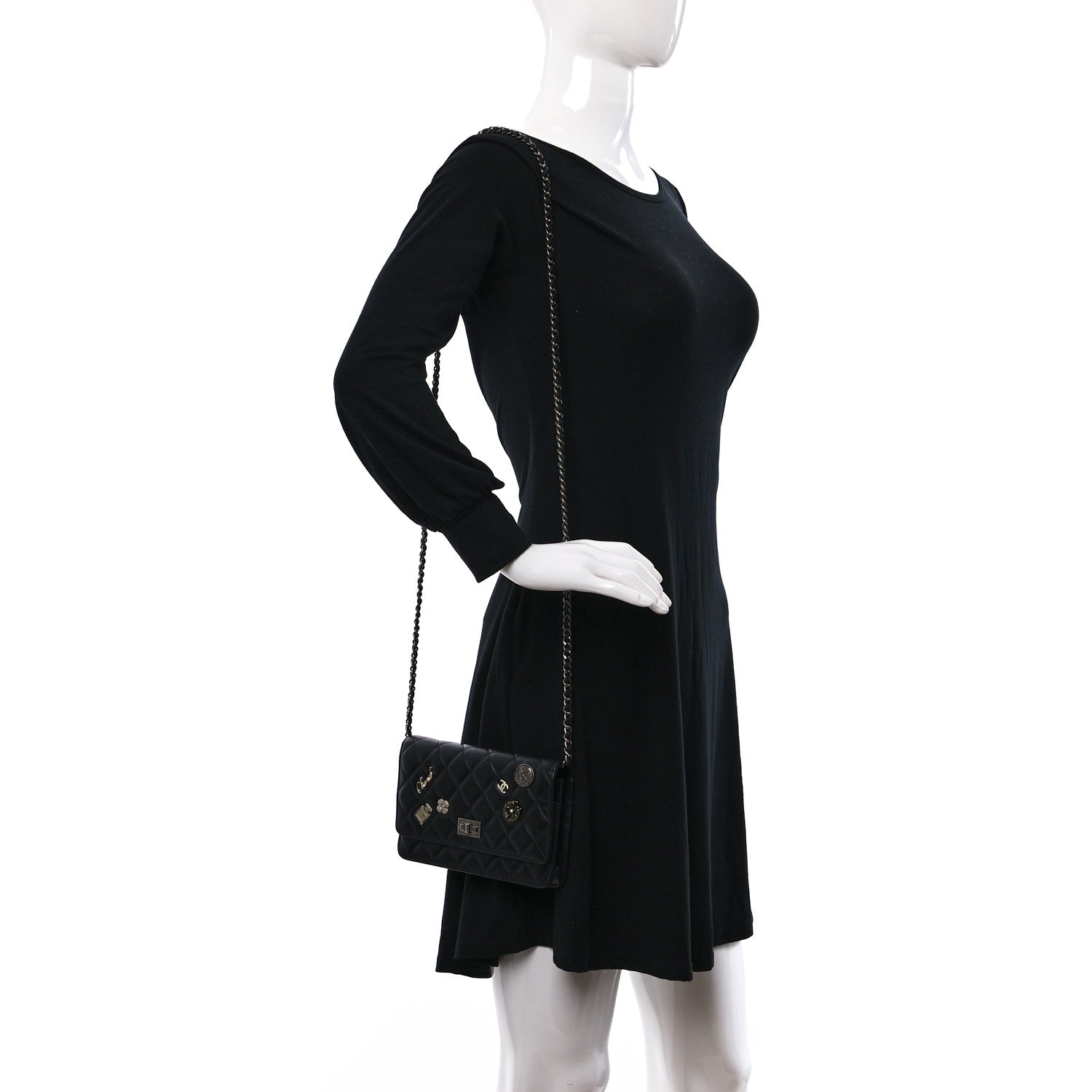 Chanel Aged Calfskin Quilted Lucky Charms 2.55 Reissue Wallet On Chain WOC Black 2 of 11