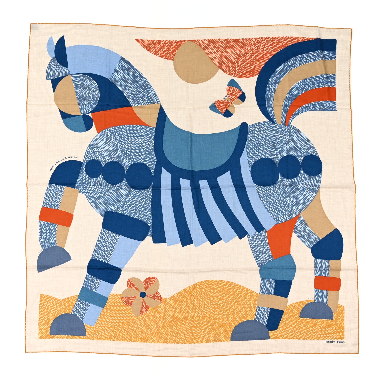 Hermes Cashmere Silk Mon Premier Galop Shawl 140 Naturel Bleu