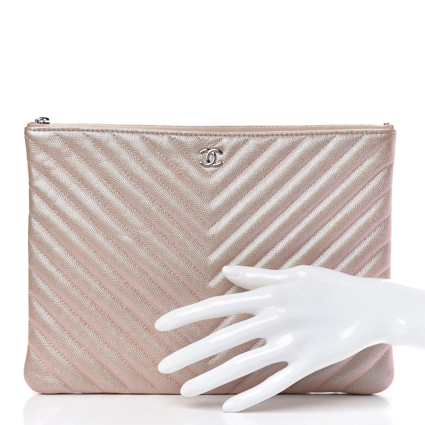 Iridescent Caviar Chevron Quilted Medium Cosmetic Case Light Gold