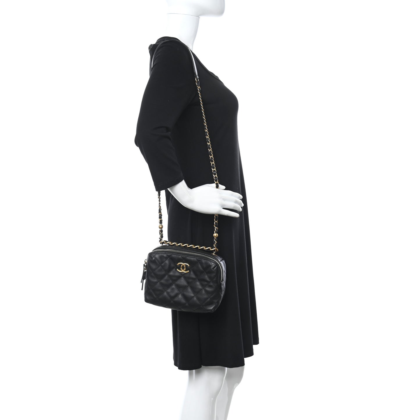 Calfskin Quilted Mini Bowling Bag Black
