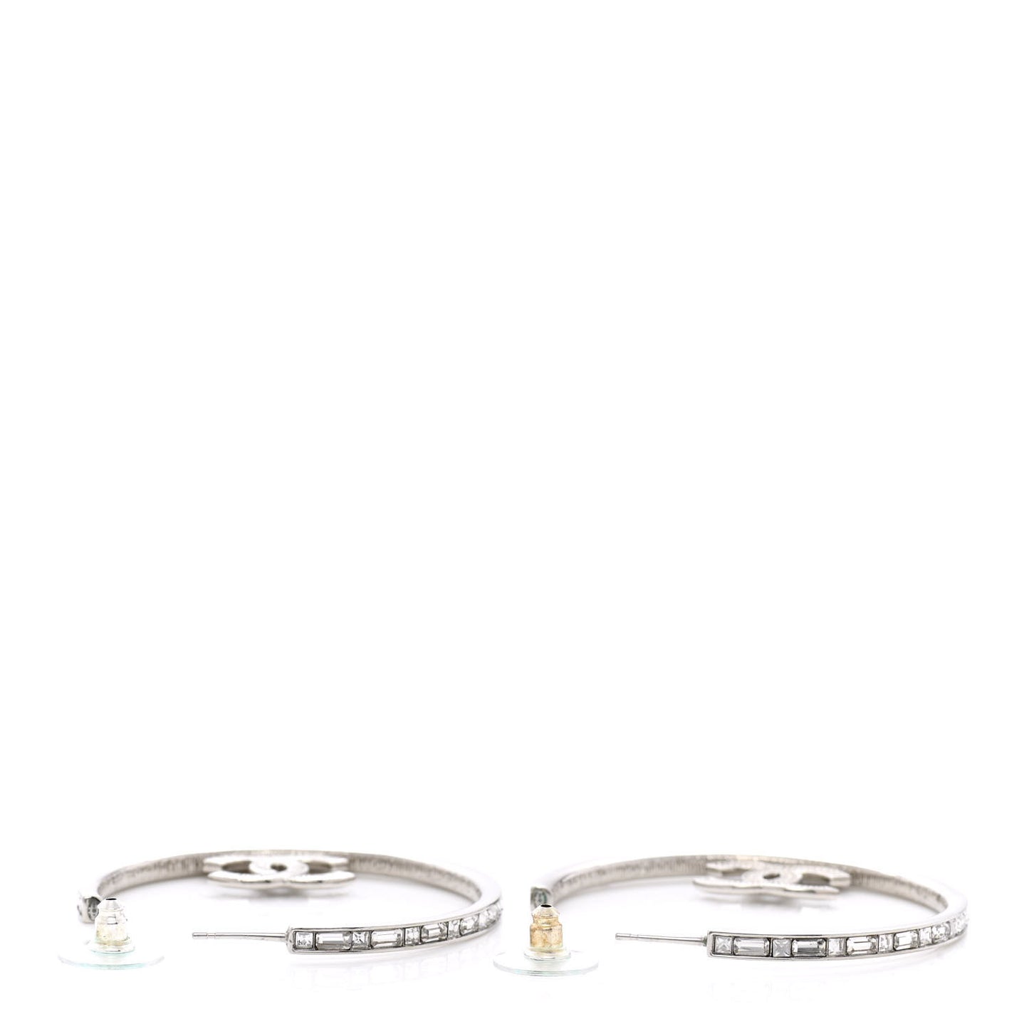 Metal Crystal Baguette CC Large Hoop Earrings Silver