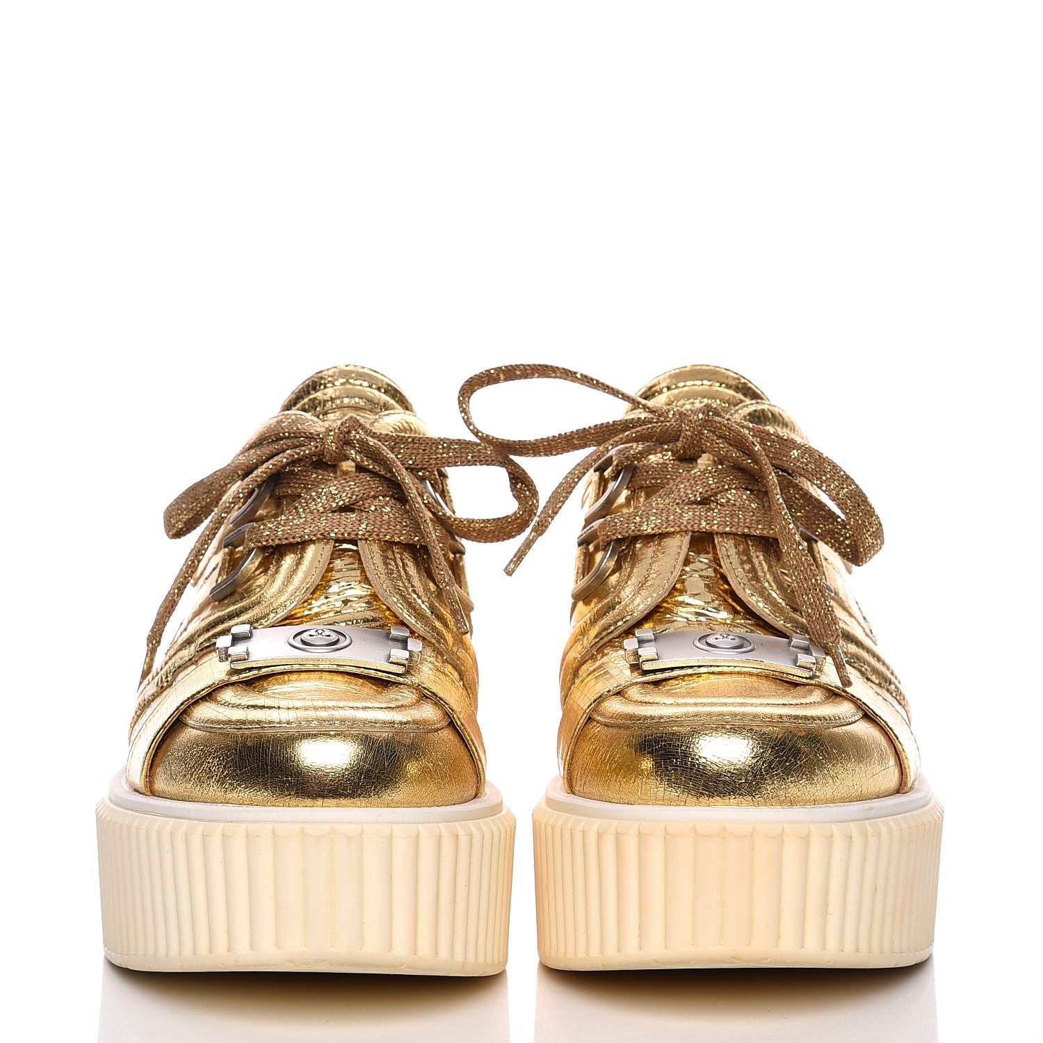Chanel Lame Lace Up Creeper Sneakers 38 Gold 2 of 12