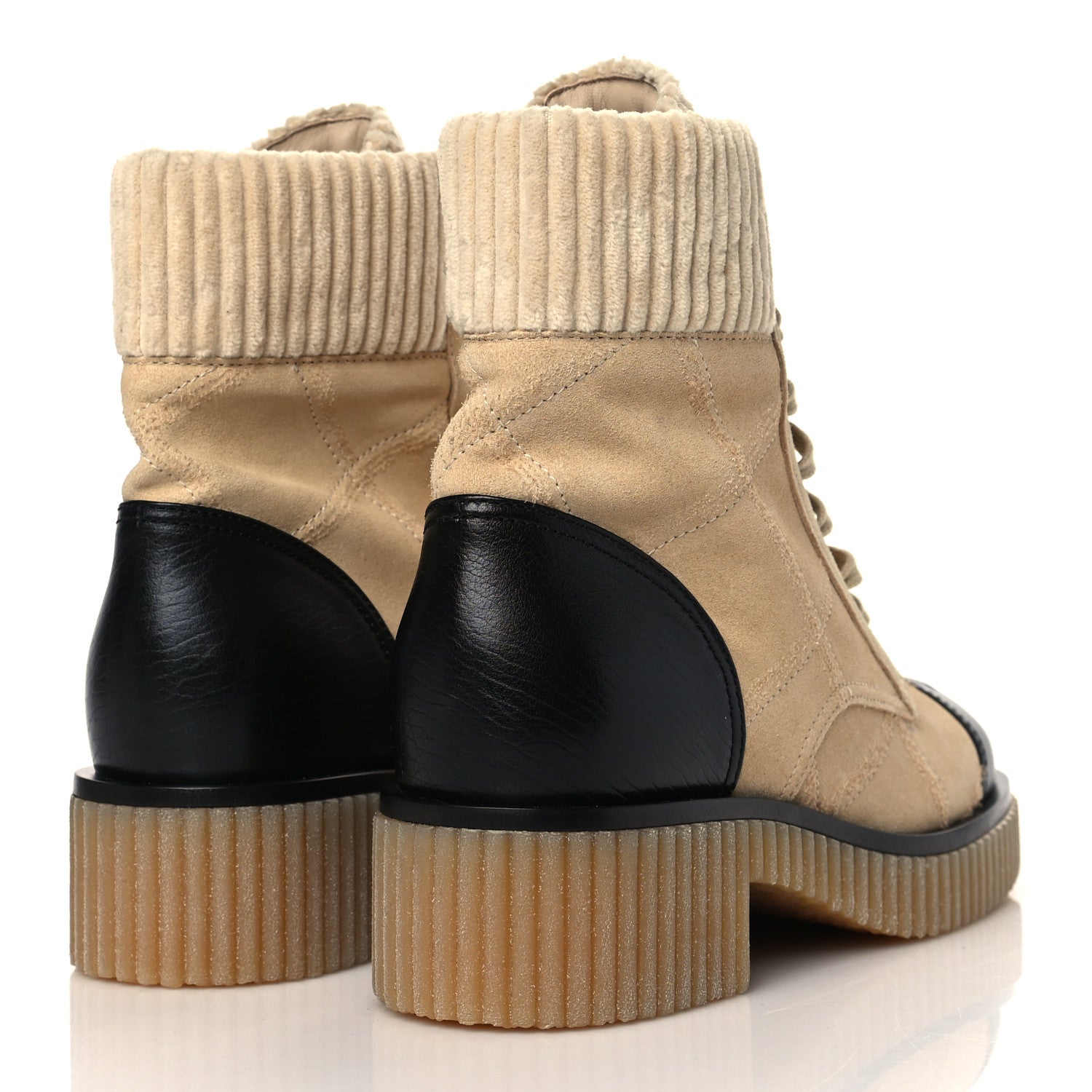 Chanel Suede Calfskin Velvet Quilted CC Combat Boots 36.5 Beige Black 4 of 8