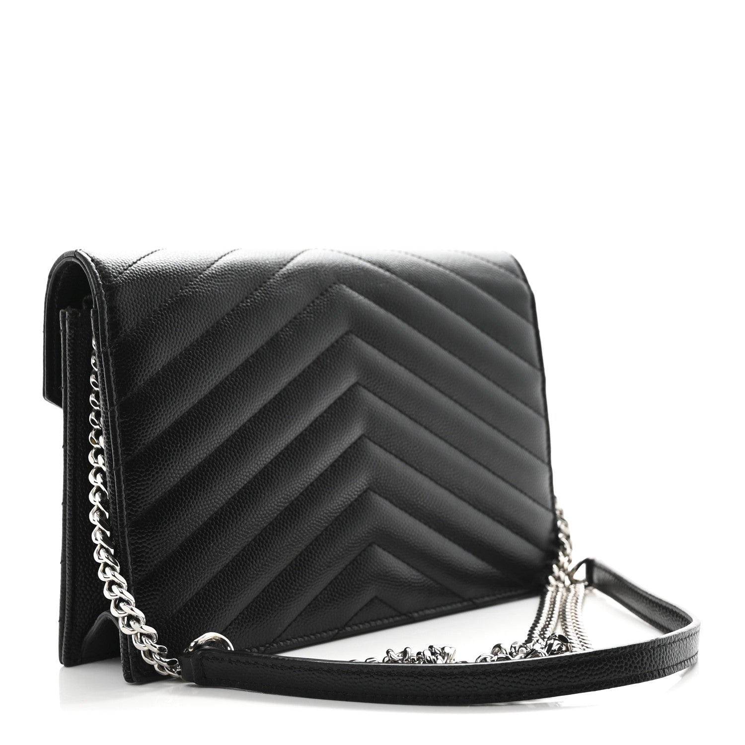 Saint Laurent Grain De Poudre Matelasse Chevron Monogram Envelope Chain Wallet Black 3 of 10