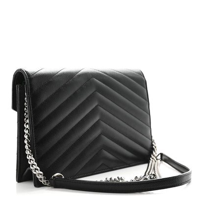 Saint Laurent Grain De Poudre Matelasse Chevron Monogram Envelope Chain Wallet Black 3 of 10