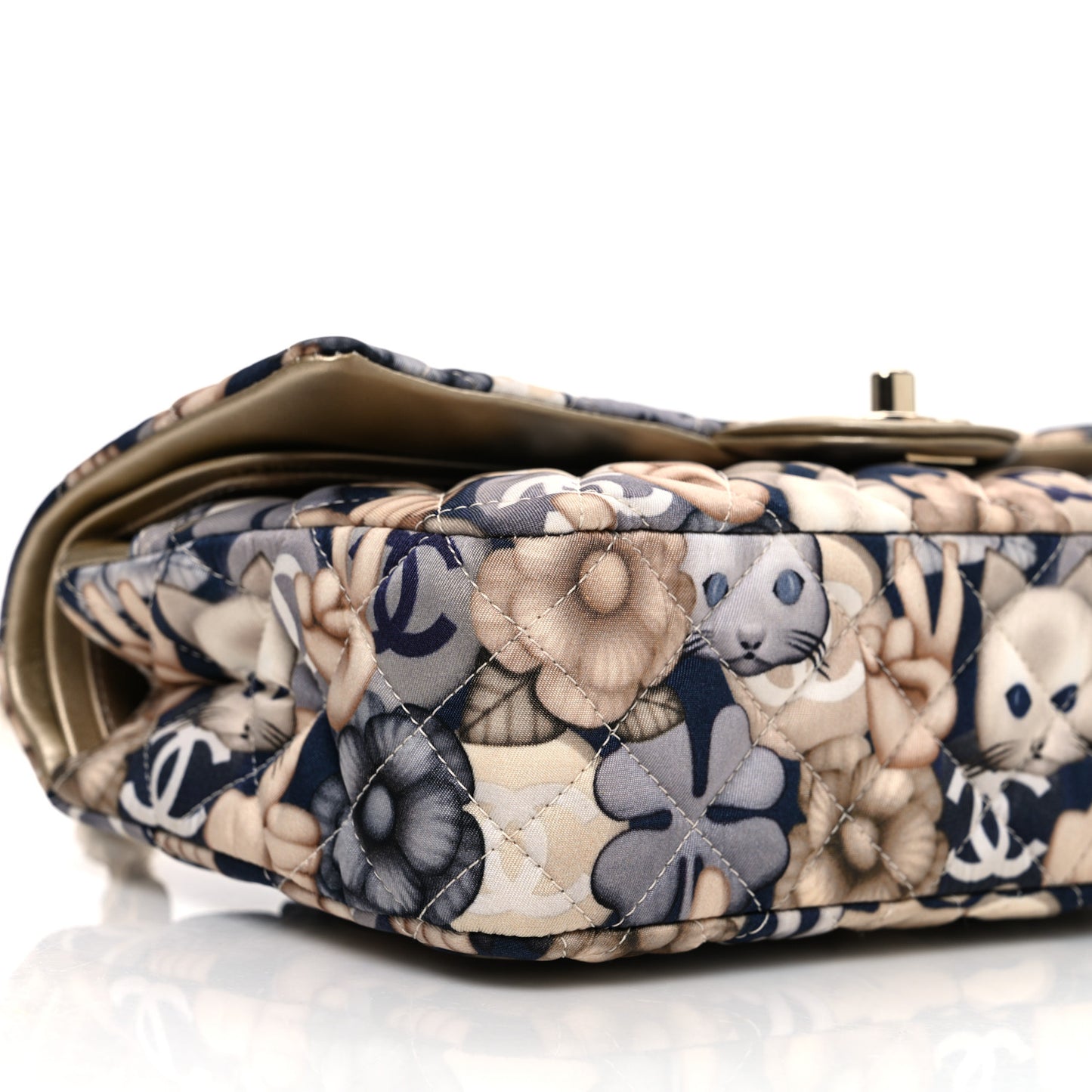 Nylon Quilted Medium Cat Emoticon Double Flap Navy Grey Ecru