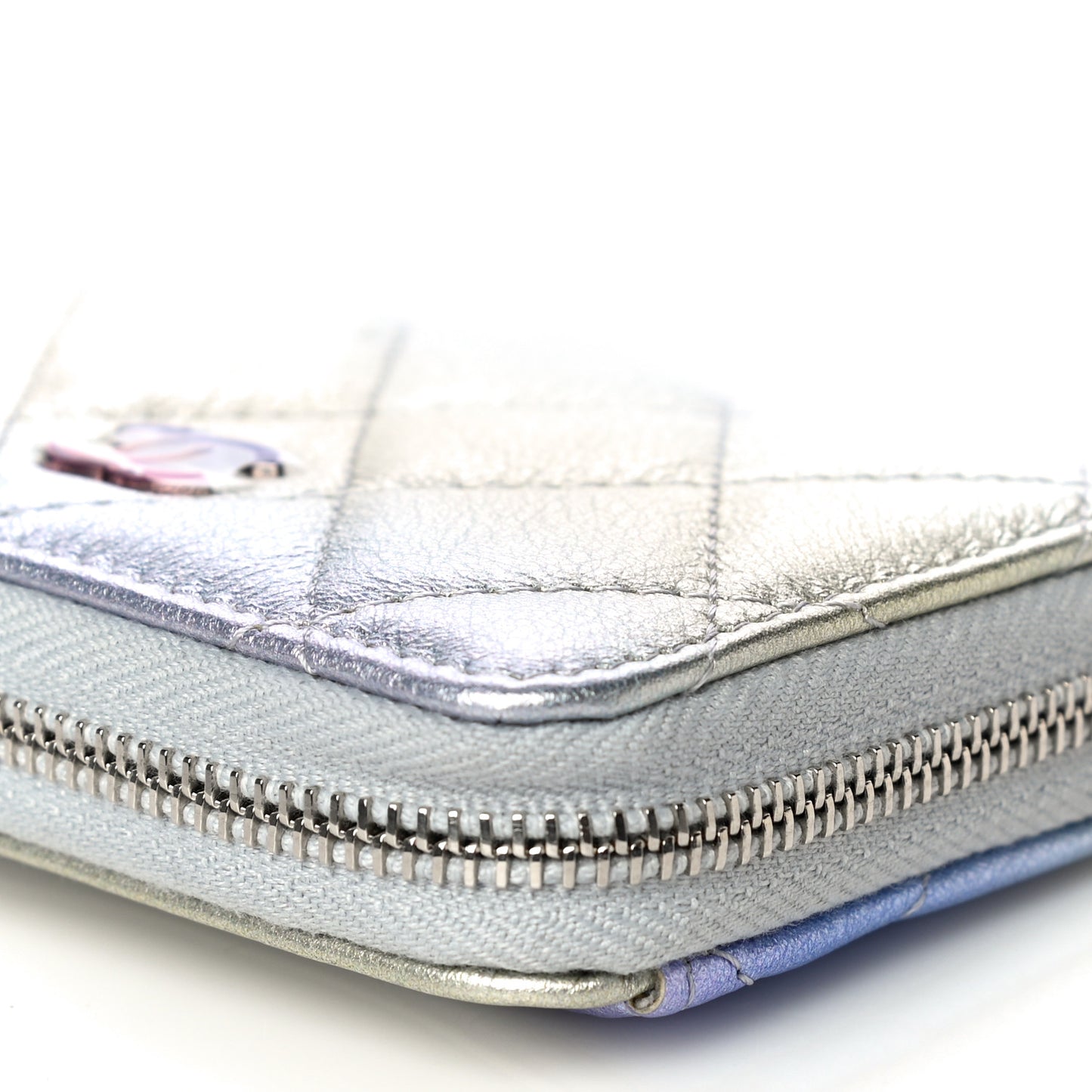 Gradient Metallic Calfskin Quilted Zip Around Coin Purse Wallet Silver Blue Yellow Purple