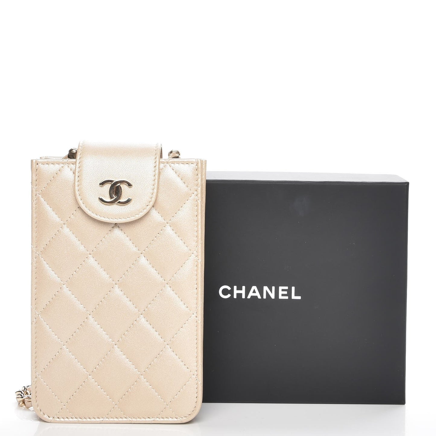 Metallic Lambskin Quilted CC Phone Holder Light Gold