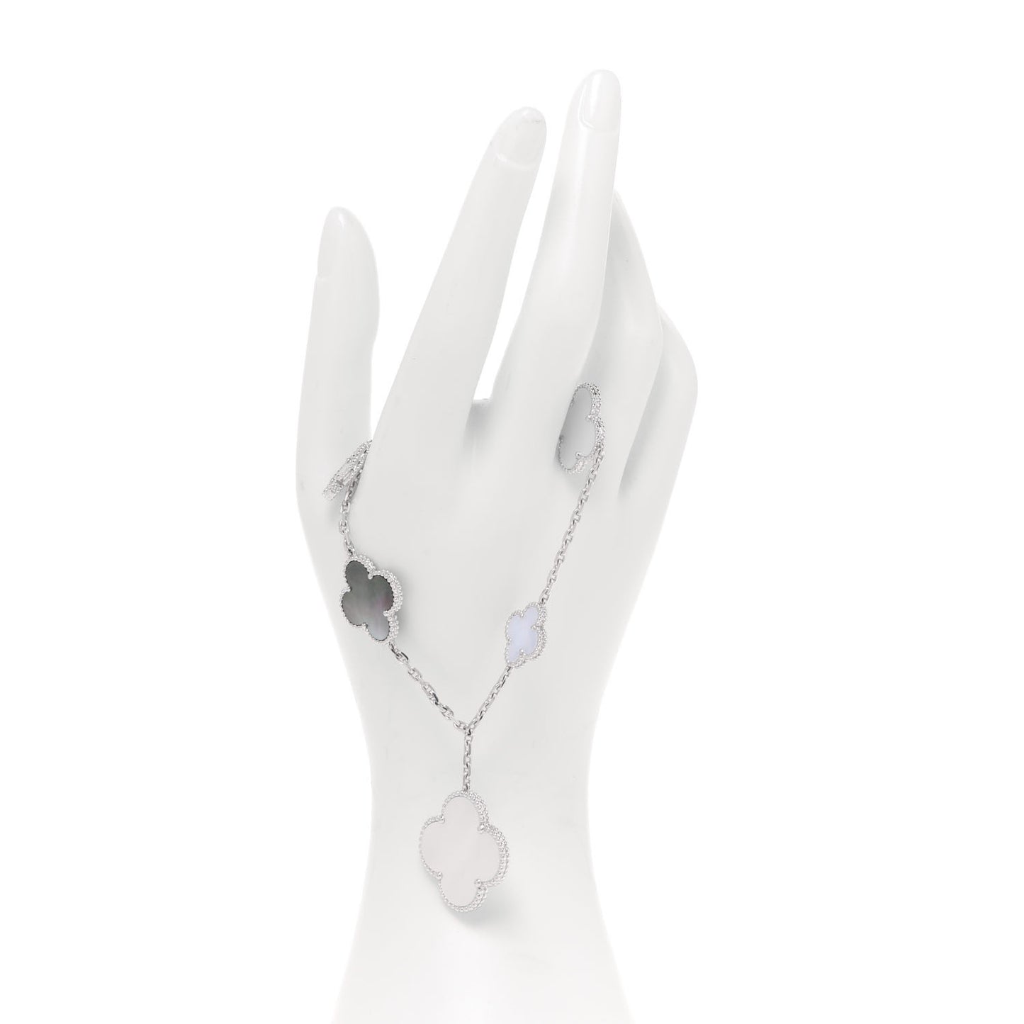 18K White Gold Chalcedony Mother of Pearl 5 Motifs Magic Alhambra Bracelet