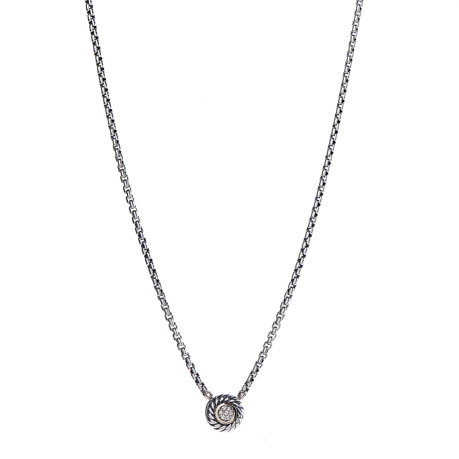 David Yurman Sterling Silver 18K Yellow Gold Diamond 12mm Pave Cookie Necklace 1 of 6