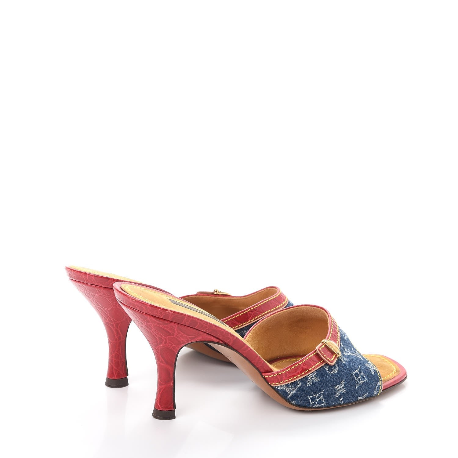 Louis Vuitton Denim Monogram Mules Peep Toe Heels 37 Blue Red 4 of 12