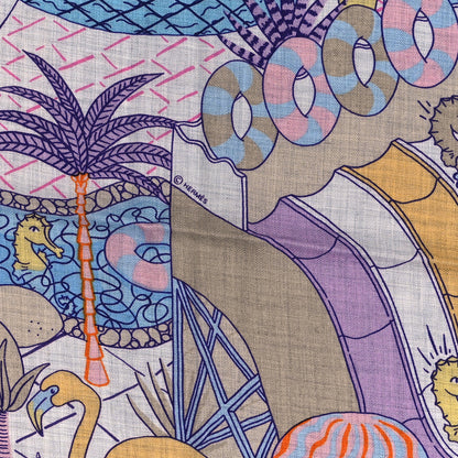 Hermes Cashmere Silk Splash Park Shawl 140 Gris Chine Bleu Jaune 4 of 4