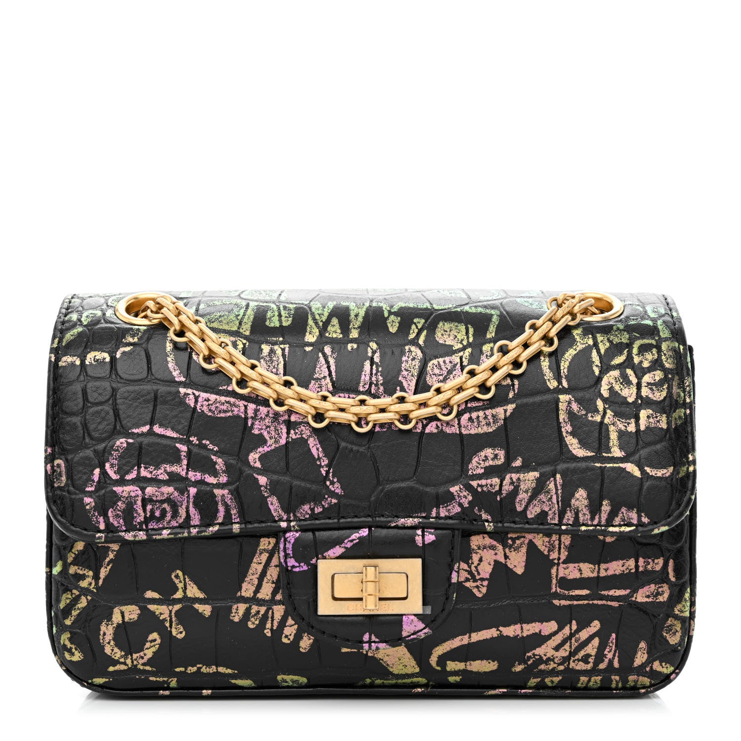 Chanel Calfskin Crocodile Embossed Graffiti 2.55 Mini Cocodile Reissue Flap Black Gold 1 of 11
