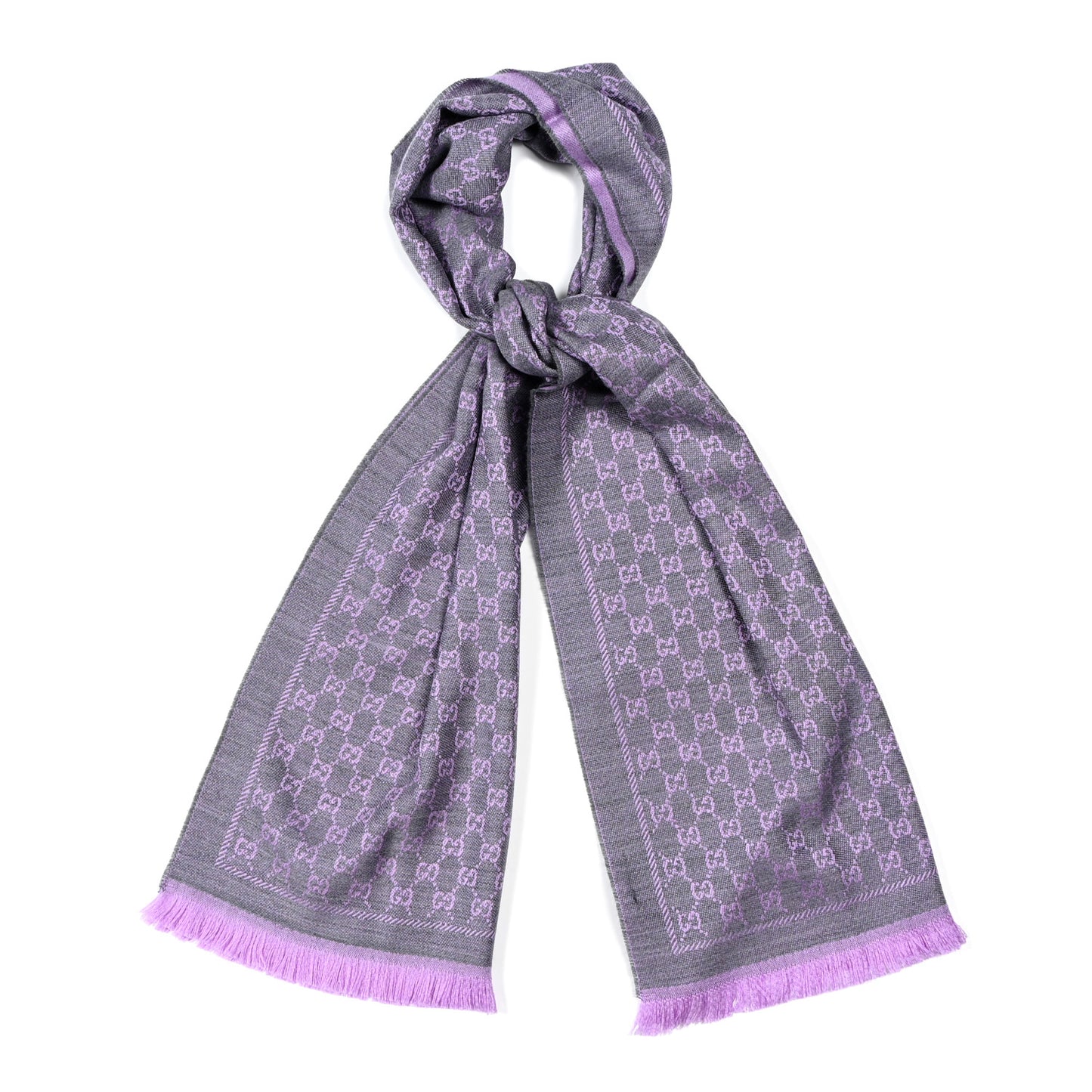 Wool GG Monogram Reversible New Sten Fringe Scarf Flannel Light Purple