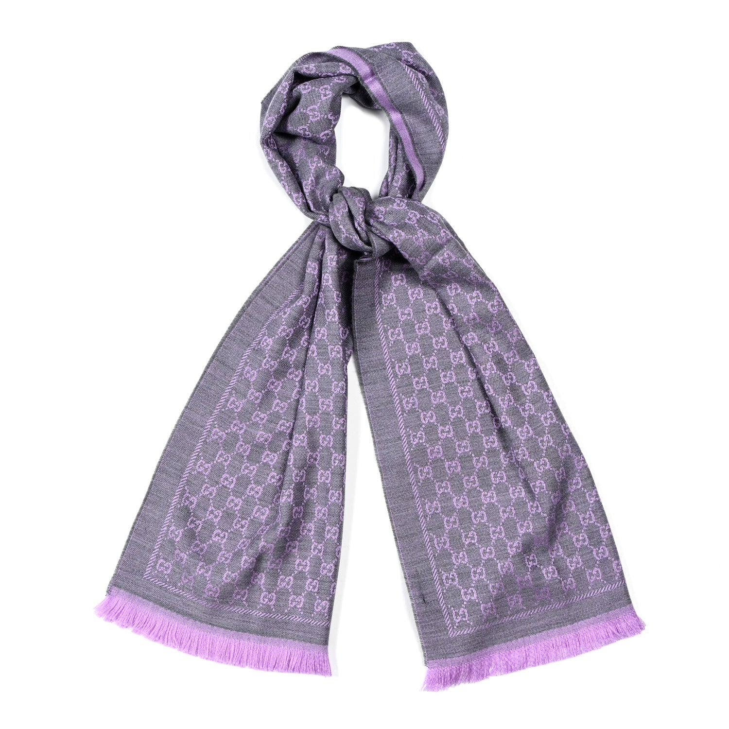 Gucci Wool GG Monogram Reversible New Sten Fringe Scarf Flannel Light Purple 1 of 4
