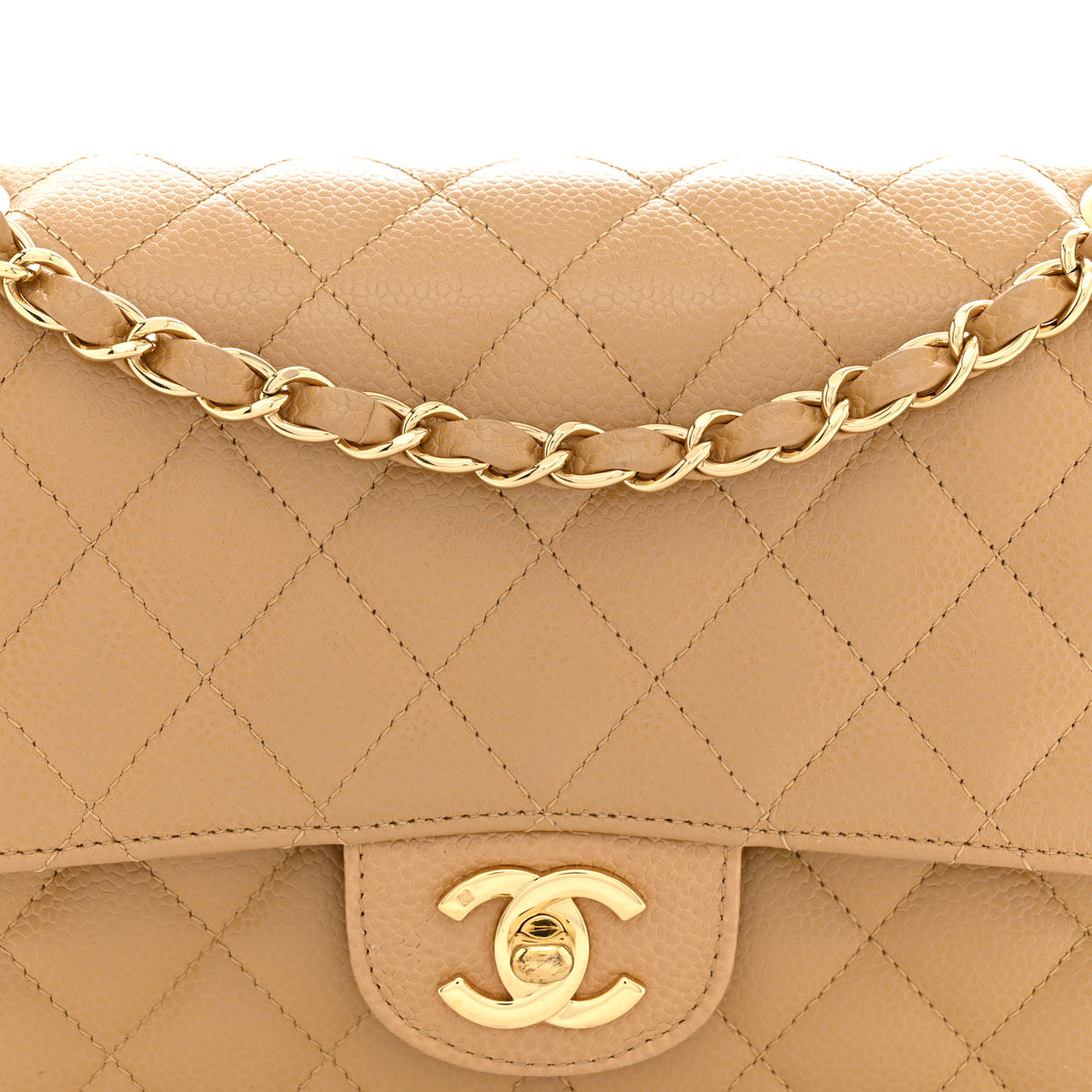 Caviar Quilted Medium Double Flap Beige