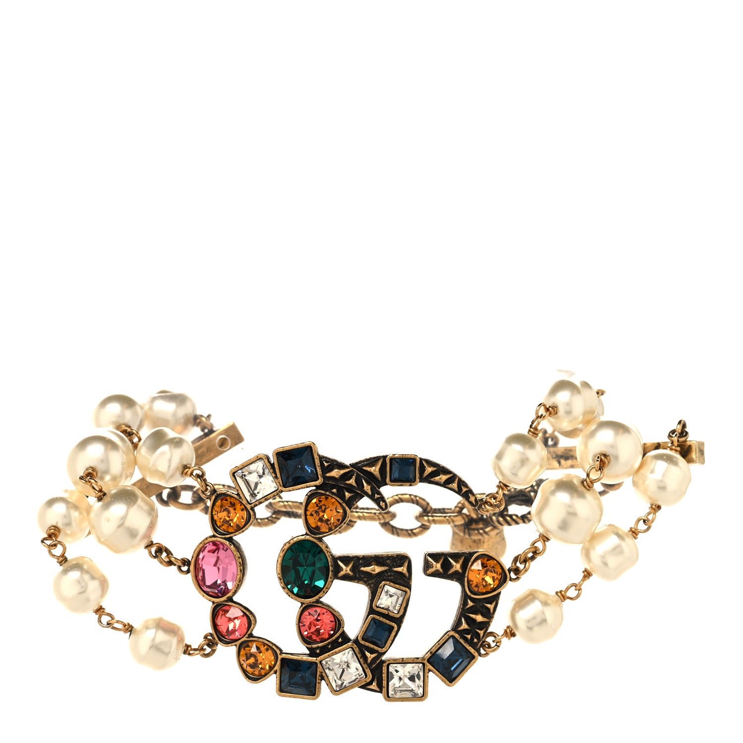Gucci Metal Crystal Pearl Double G Bracelet Aged Gold Multicolor 2 of 8