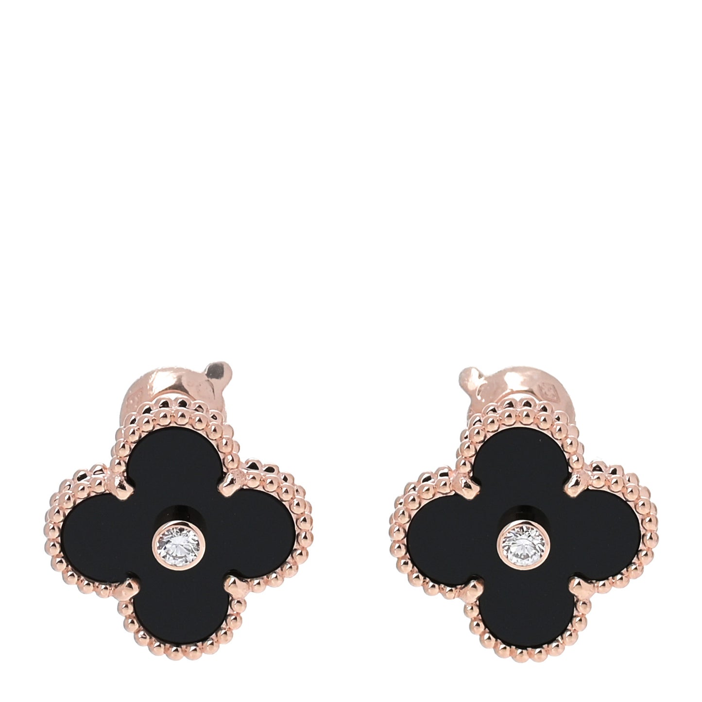18K Rose Gold Diamond Black Onyx Vintage Alhambra Earrings
