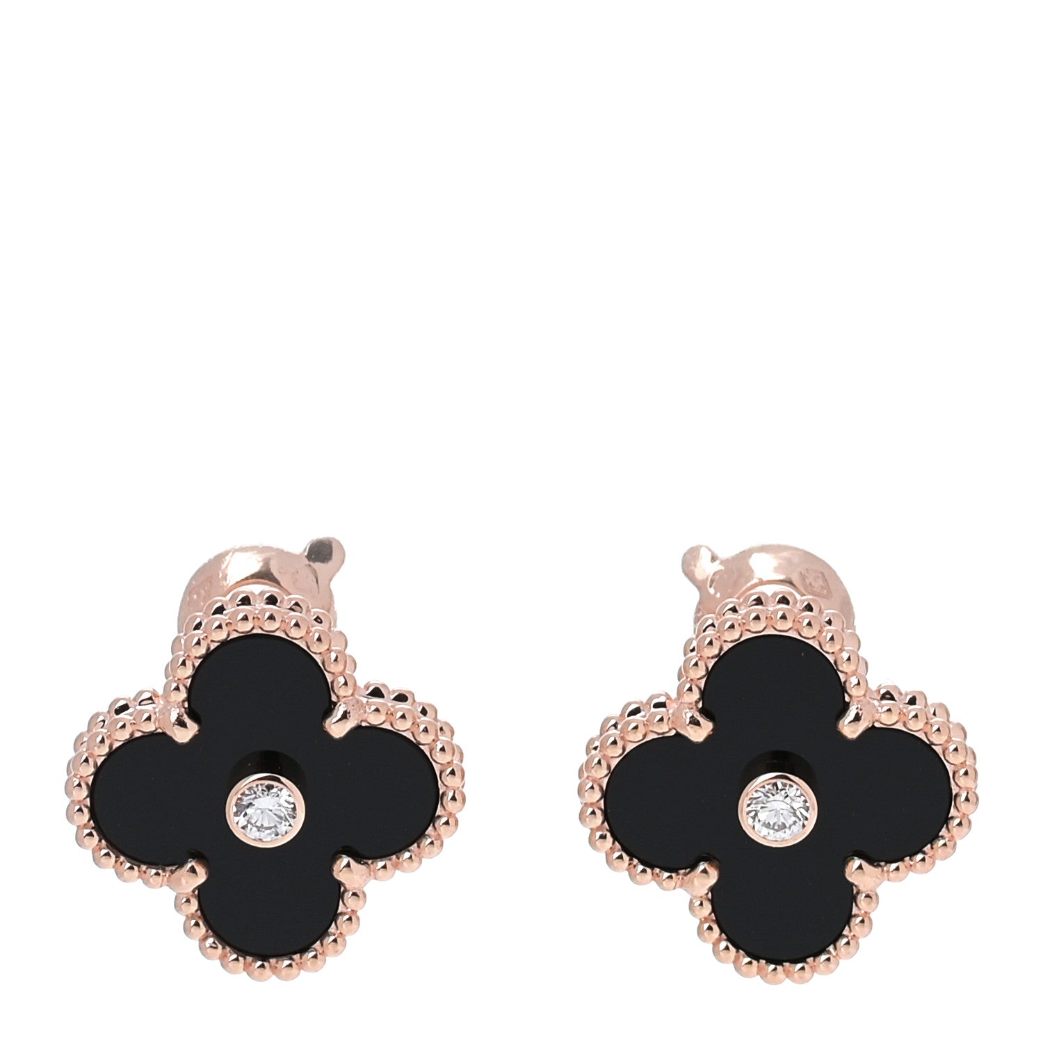 Van Cleef & Arpels 18K Rose Gold Diamond Black Onyx Vintage Alhambra Earrings 1 of 6