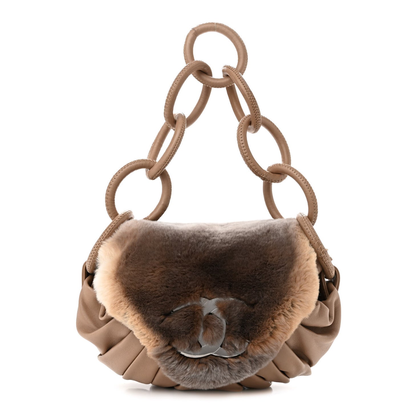 Lapin Rabbit Fur Lambskin Pleated CC Flap Bag Beige