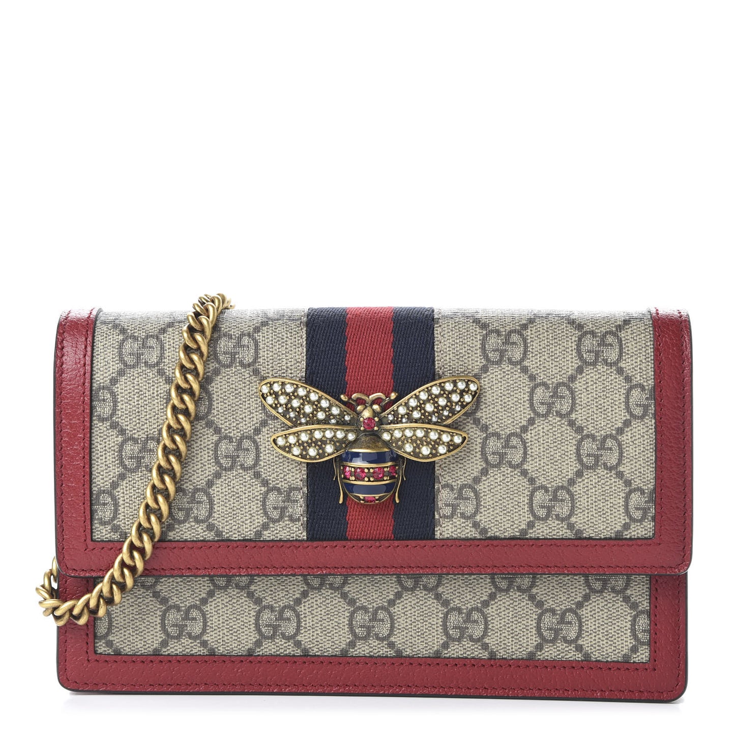 GG Supreme Monogram Web Queen Margaret Chain Wallet Red
