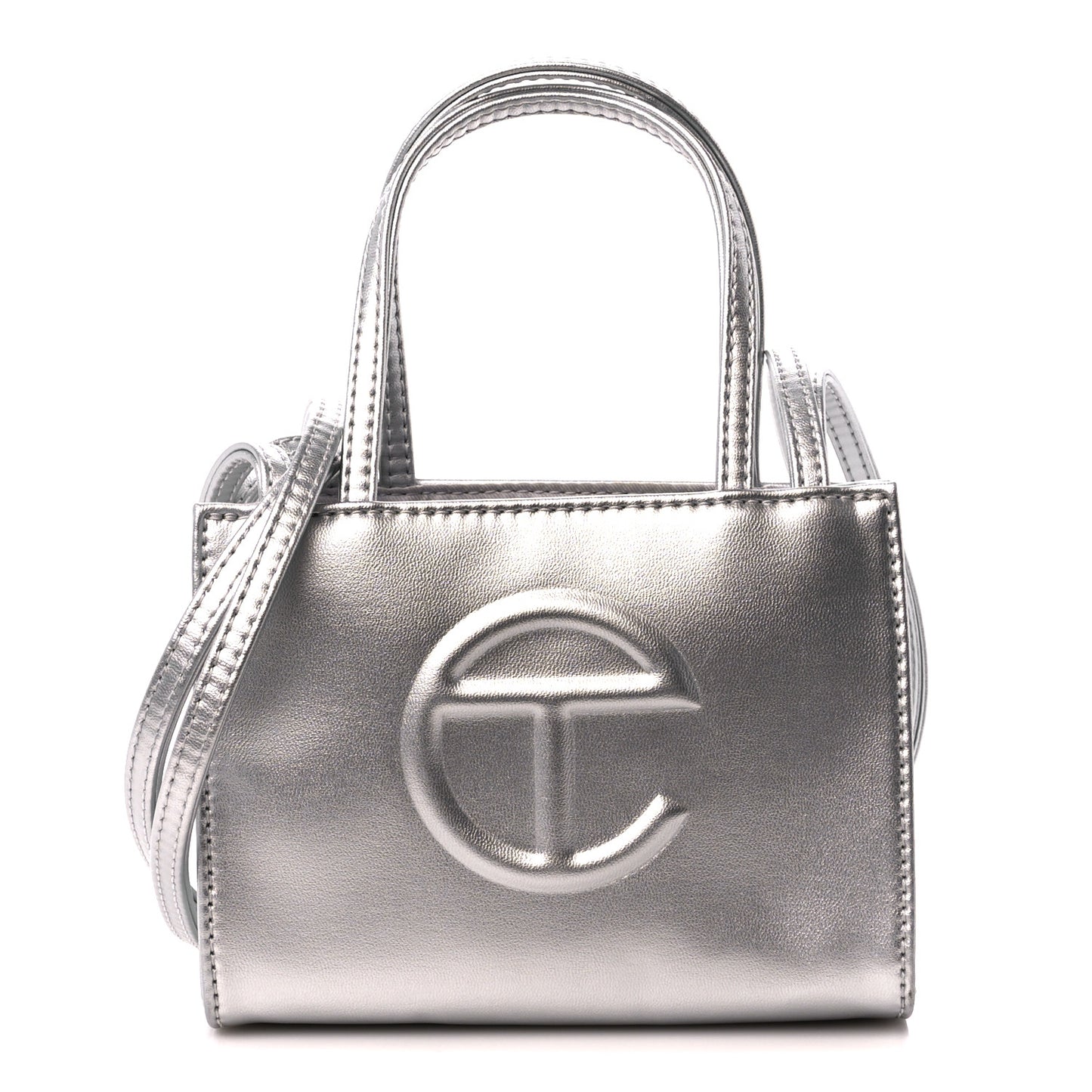 Metallic Vegan Leather Small Shopping Bag Silver