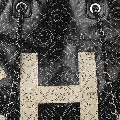 Chanel Coated Canvas Camellia Medium Shopping Tote Black Beige 7 of 9