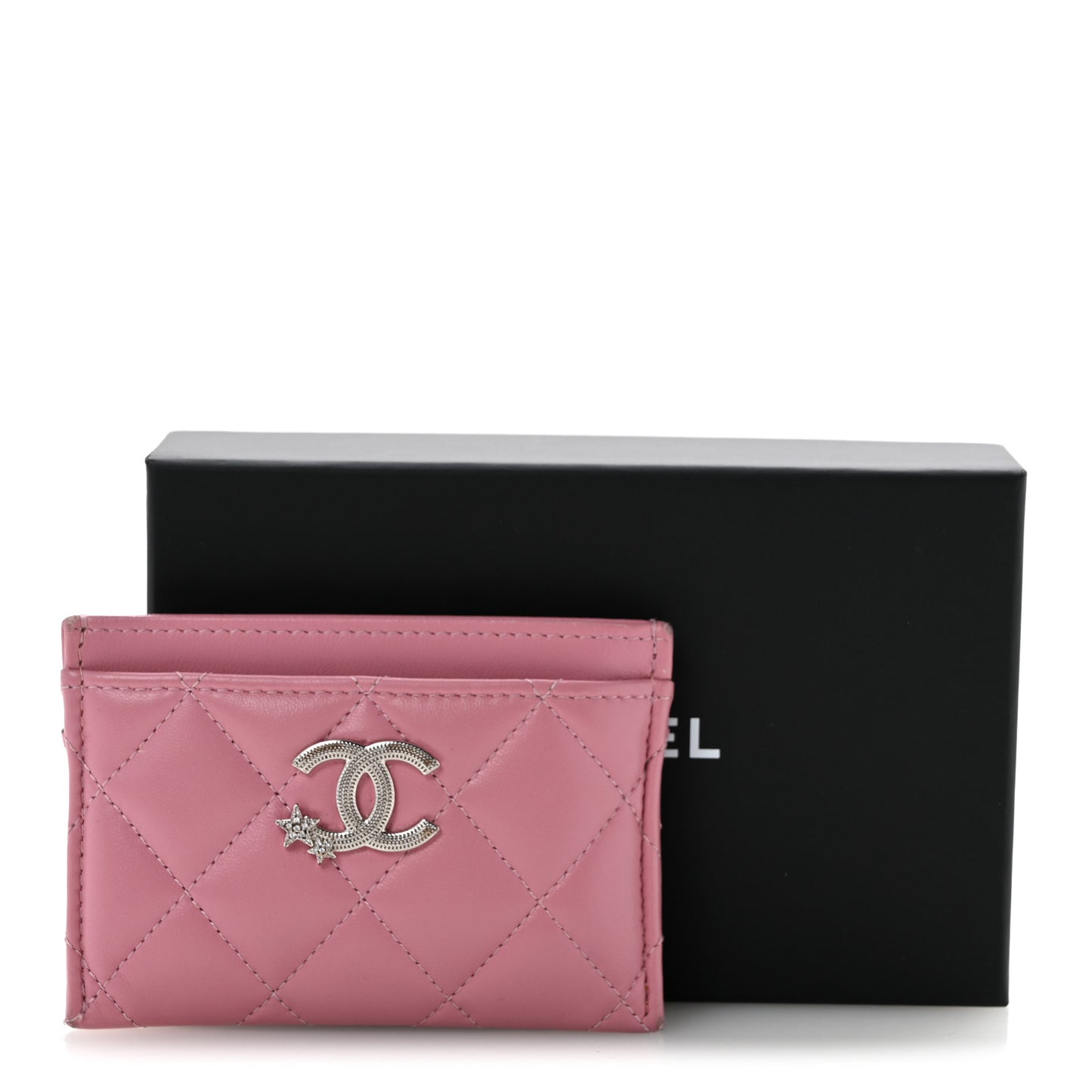 Lambskin Quilted Crystal Star Card Holder Pink
