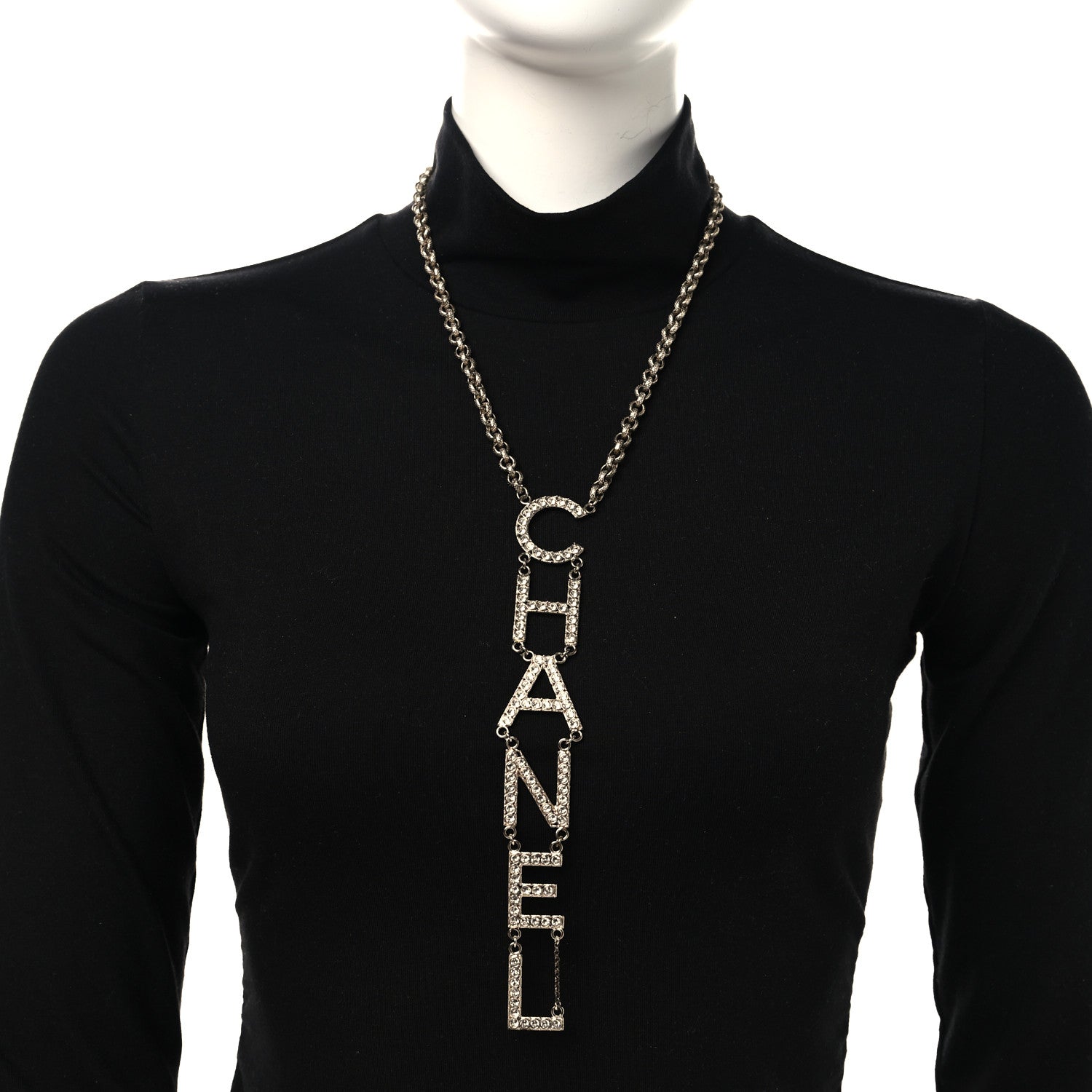 Chanel Metal Crystal Cha-Nel Logo Necklace Gold 2 of 4
