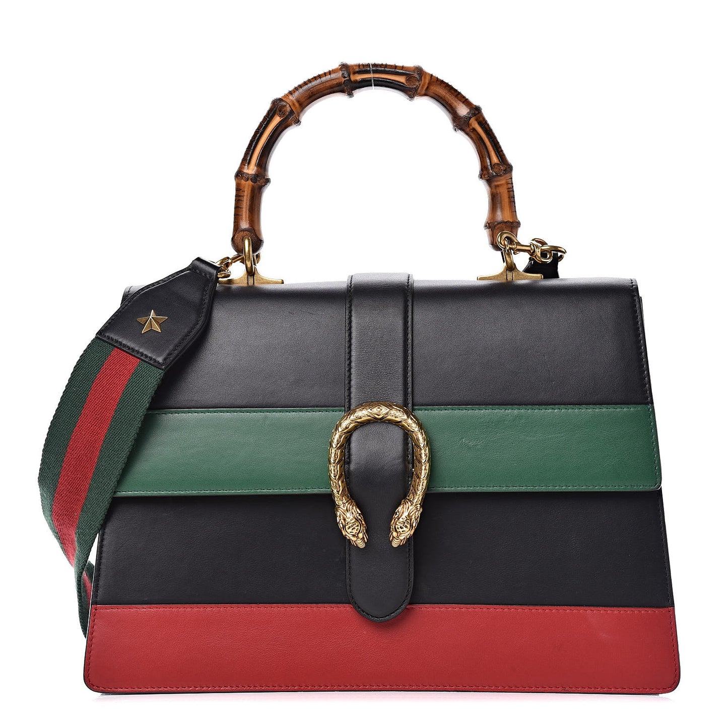 Calfskin Bamboo Web Large Dionysus Top Handle Bag Black Bright Evergreen Hibiscus Red