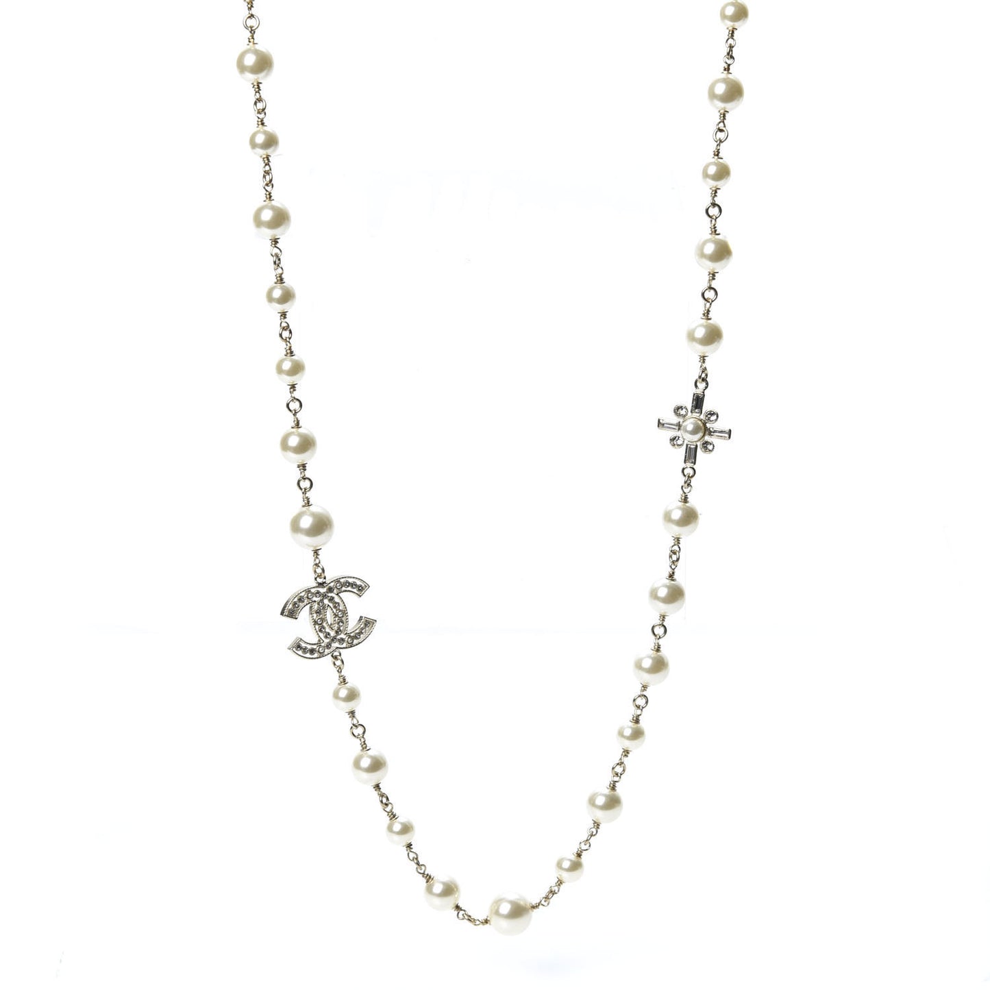 Crystal Pearl CC Long Necklace Silver