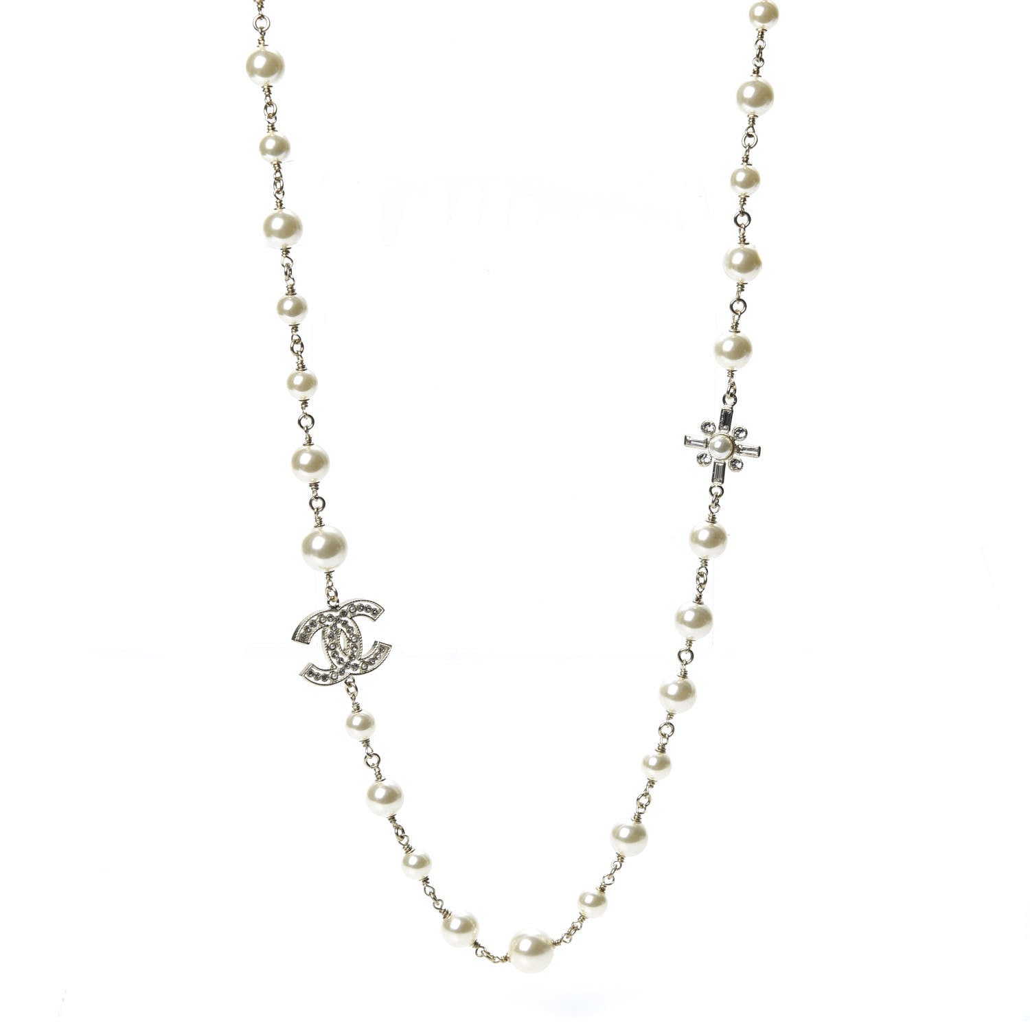 Chanel Crystal Pearl CC Long Necklace Silver 1 of 6
