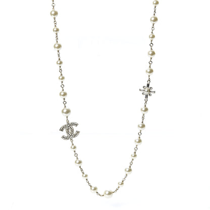 Chanel Crystal Pearl CC Long Necklace Silver 1 of 6