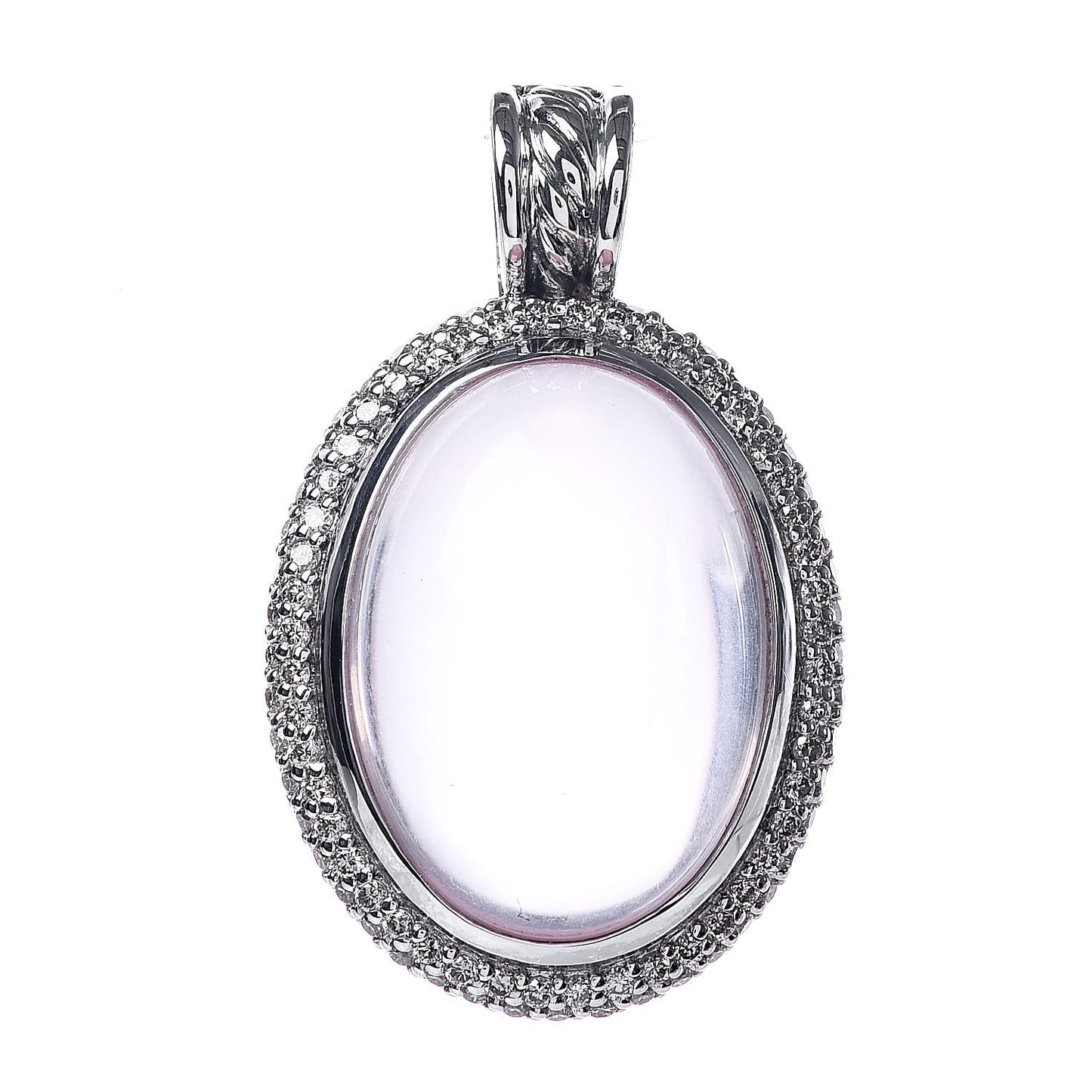 Sterling Silver Rose Quartz Diamond 29mm Oval Signature Enhancer Pendant