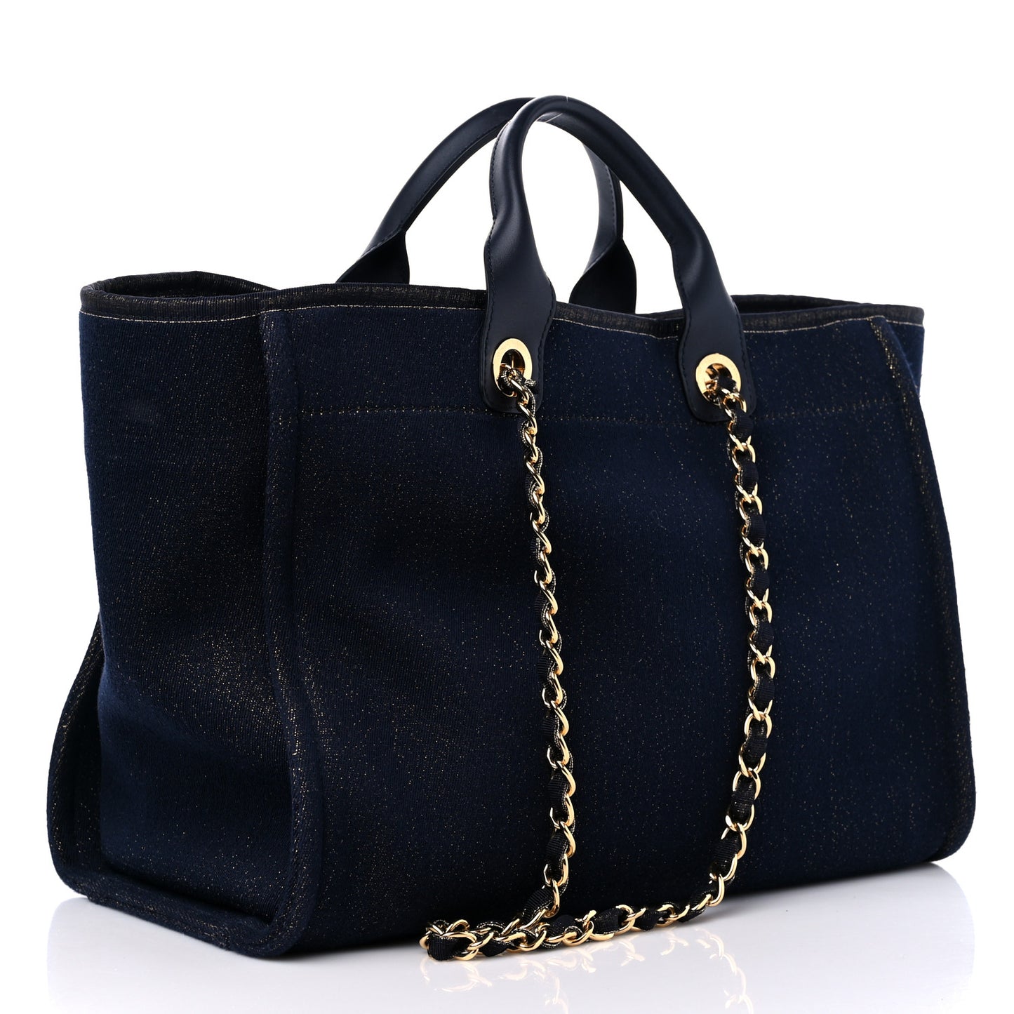 Lurex Canvas Medium Deauville Tote Navy Blue Gold