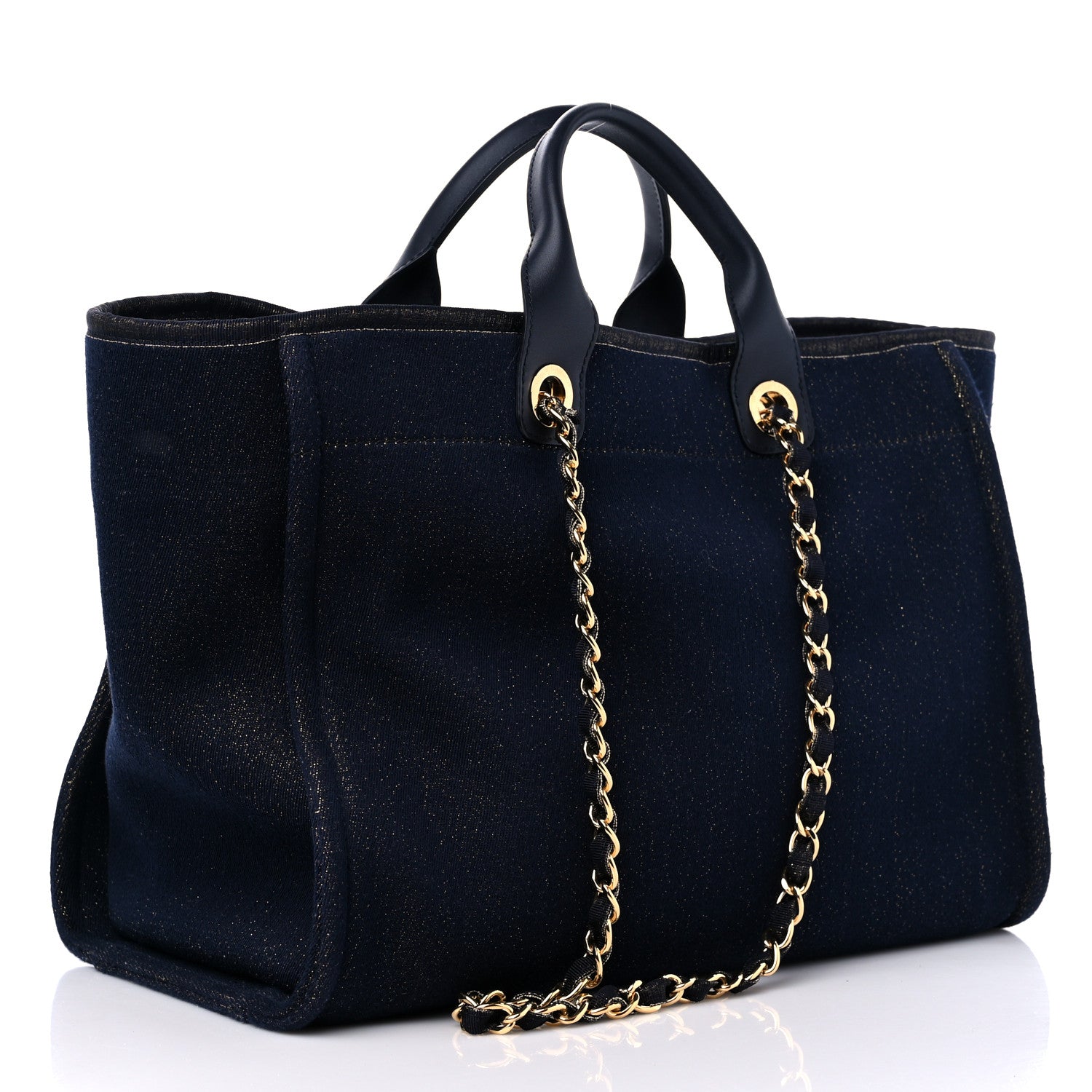 Chanel Lurex Canvas Medium Deauville Tote Navy Blue Gold 3 of 10