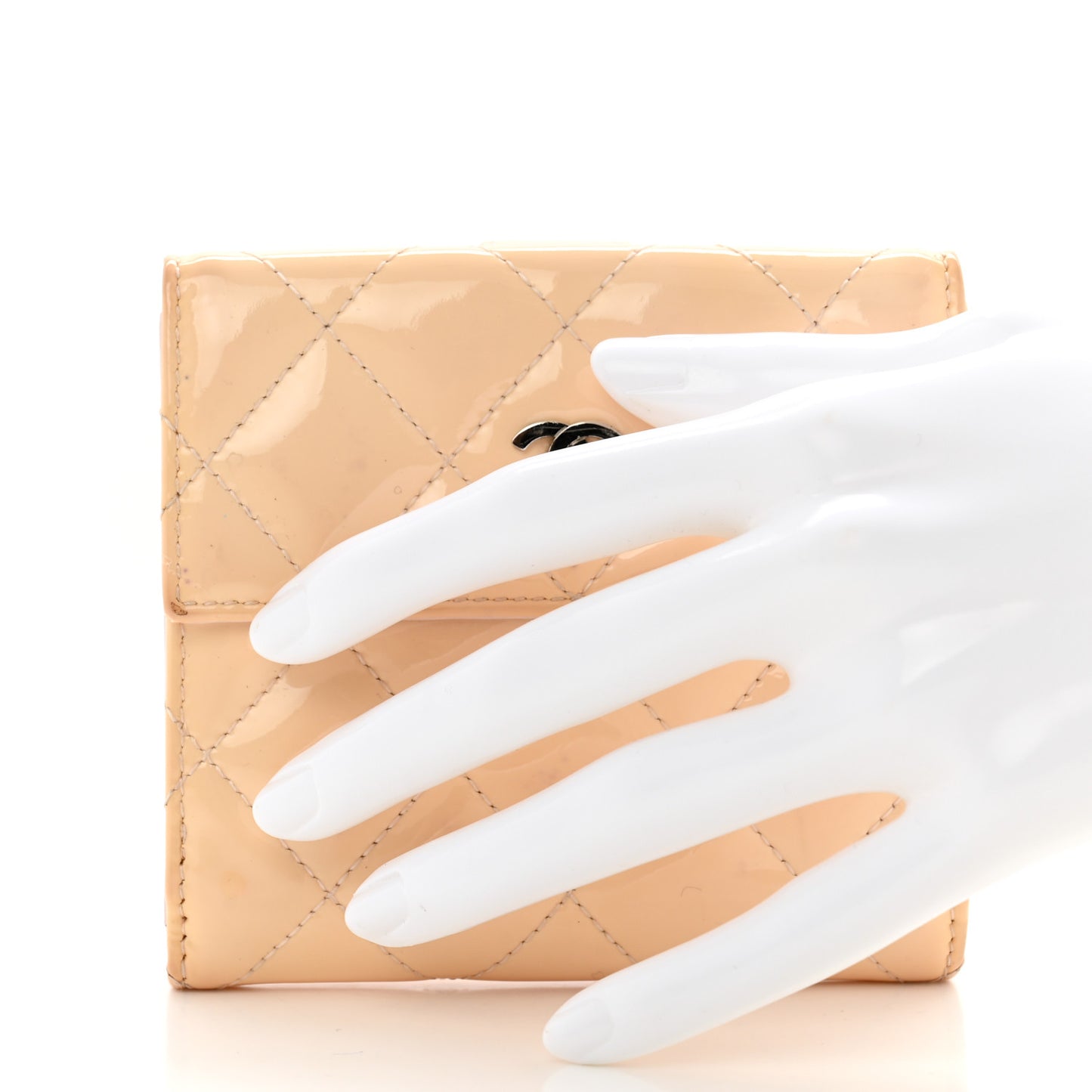 Striated Patent Quilted Compact French Flap Wallet Beige Light Pink