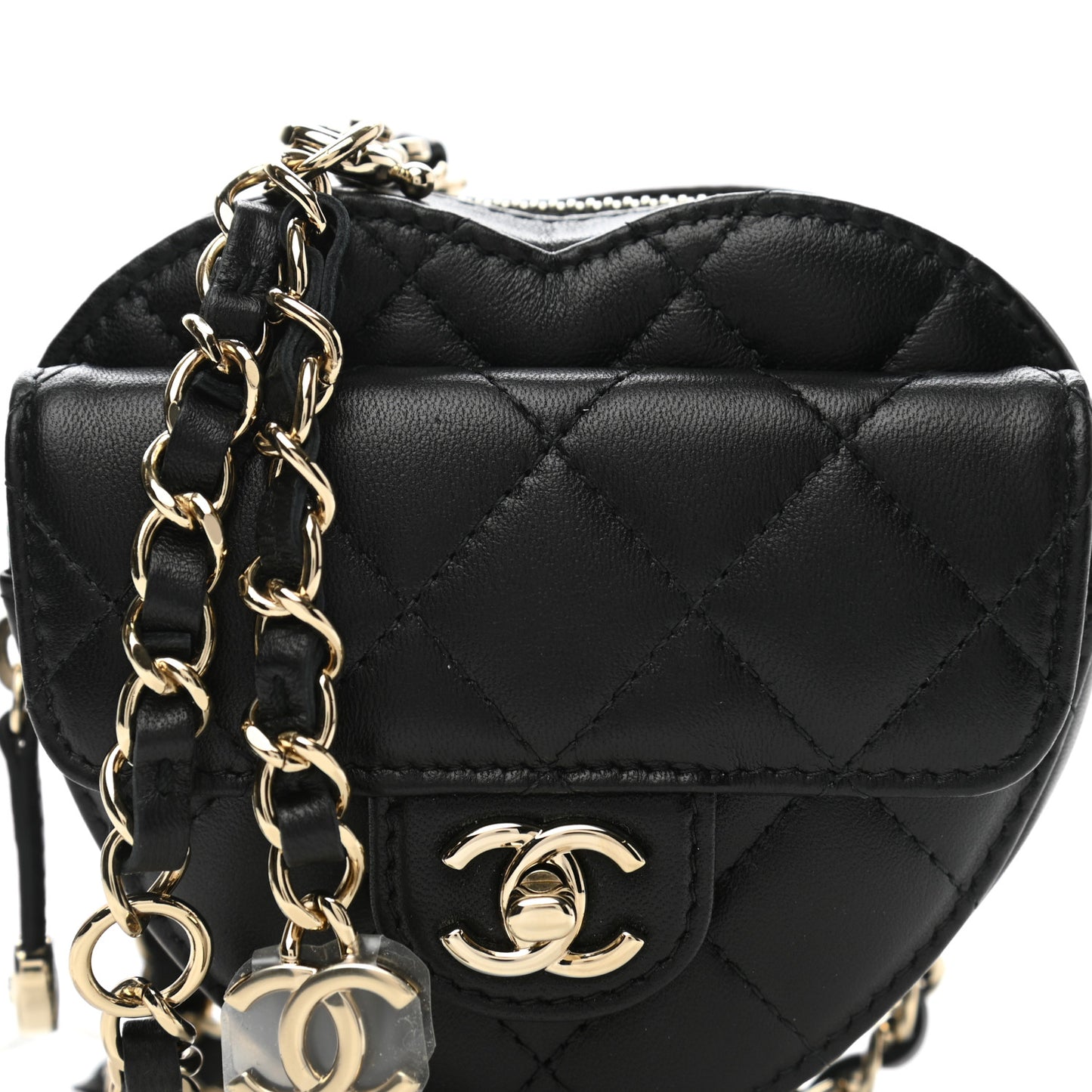 Lambskin Quilted CC In Love Heart Waist Belt Bag With Chain Black