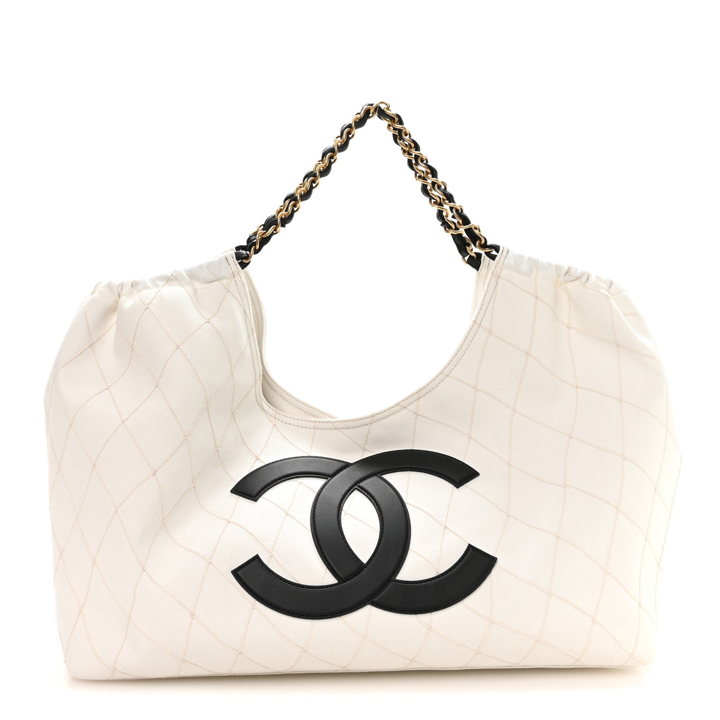 Denim Calfskin Quilted Coco Beach Small Shopping Tote White Black