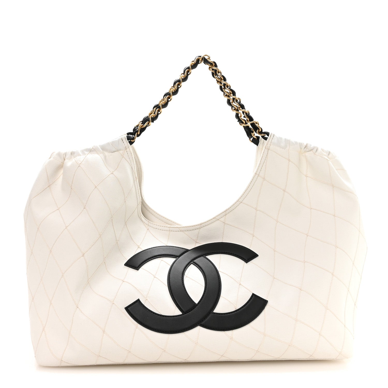 Chanel Denim Calfskin Quilted Coco Beach Small Shopping Tote White Black 1 of 11