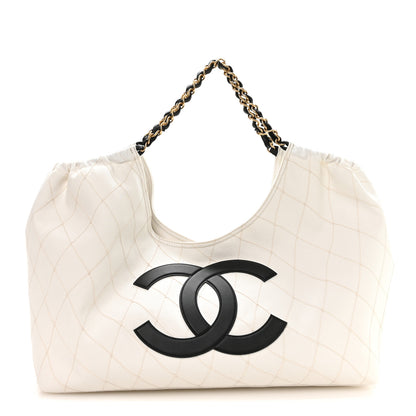Chanel Denim Calfskin Quilted Coco Beach Small Shopping Tote White Black 1 of 11