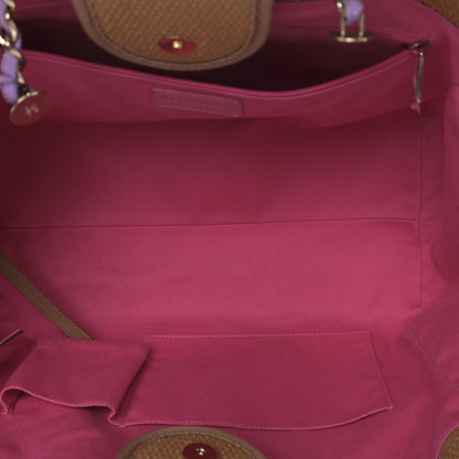 Chanel Straw Raffia Calfskin Striped Large Deauville Tote Dark Beige Fuchsia Navy Blue 5 of 10