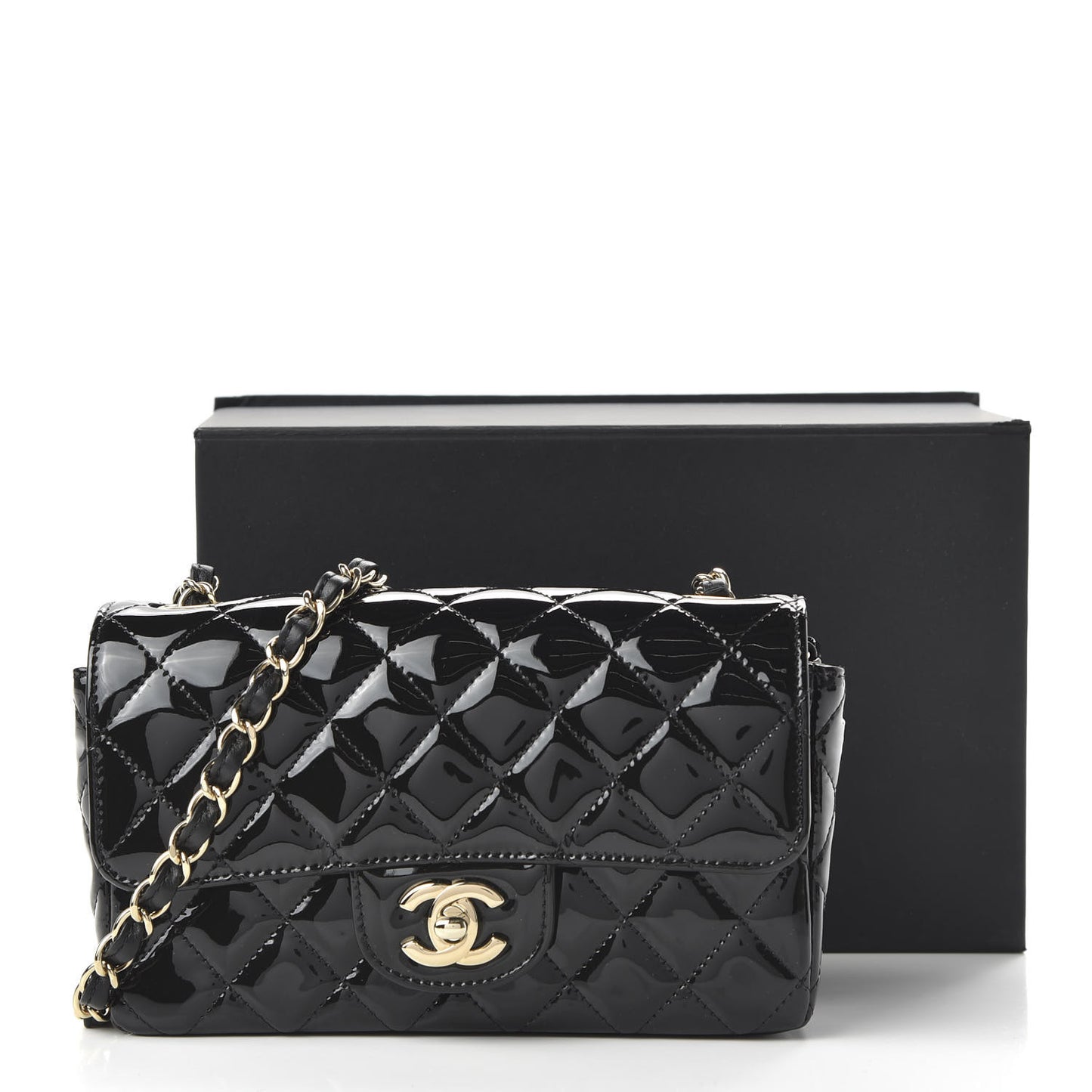 Patent Calfskin Quilted Mini Rectangular Flap Black