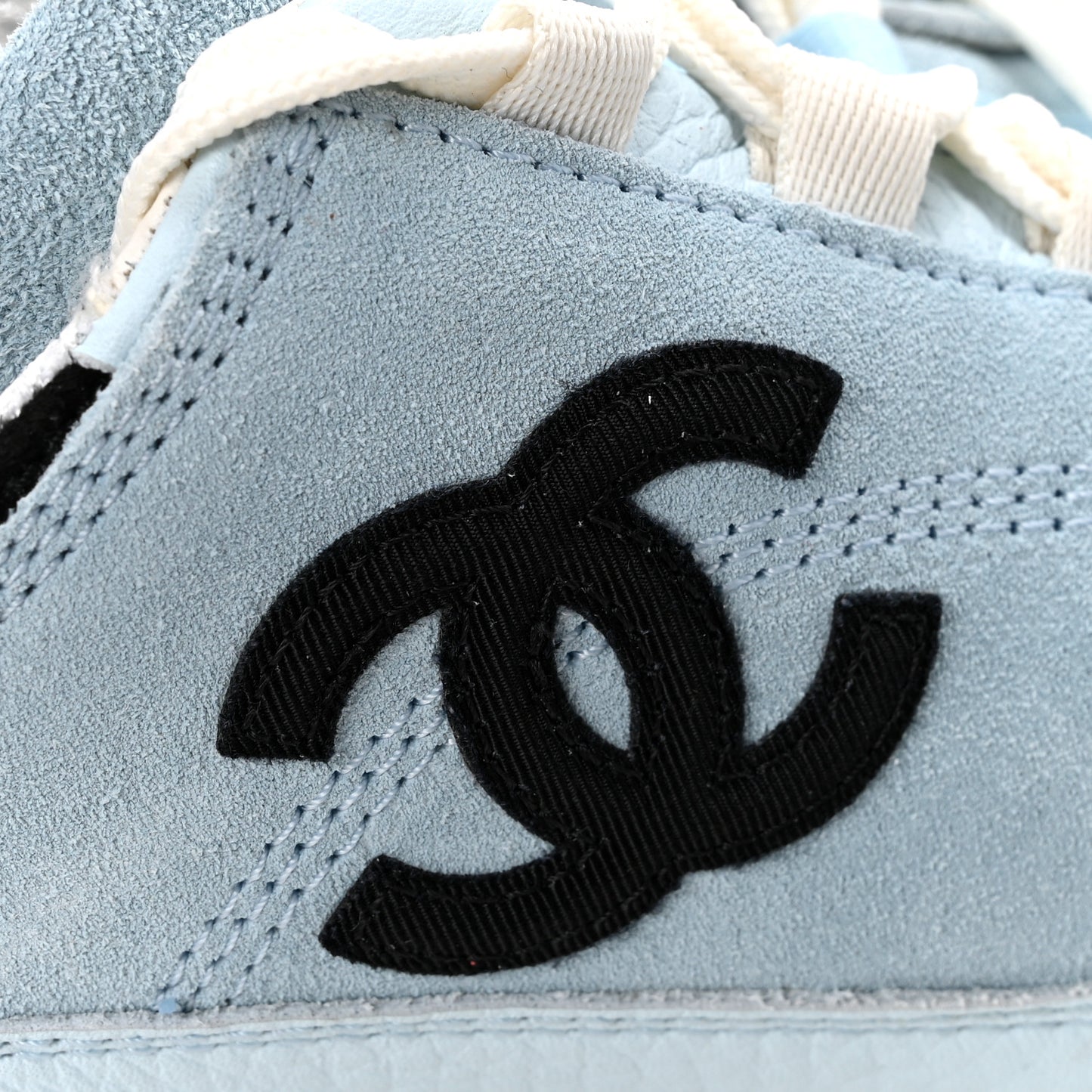 Suede Calfskin Grosgrain Womens CC Sneakers 40 Light Blue Black