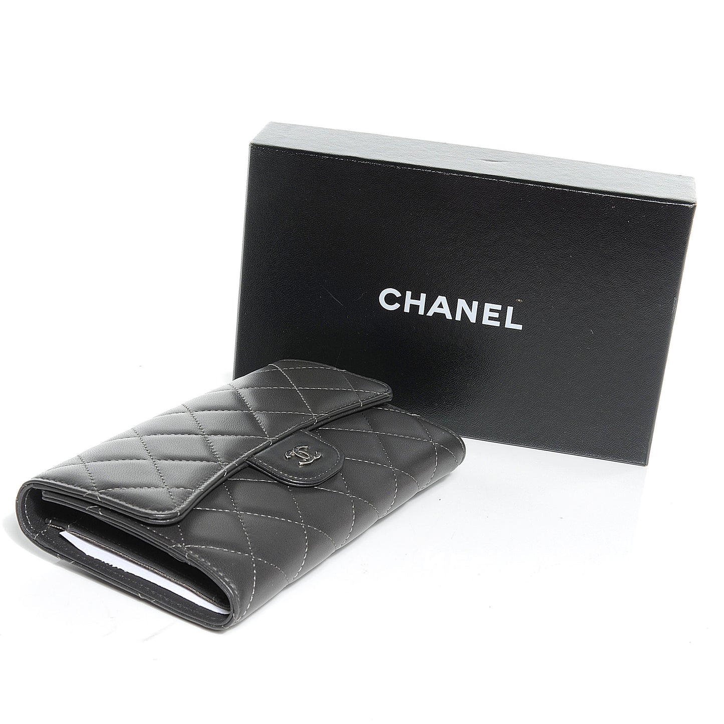 Lambskin Quilted Large Flap Wallet Dark Grey