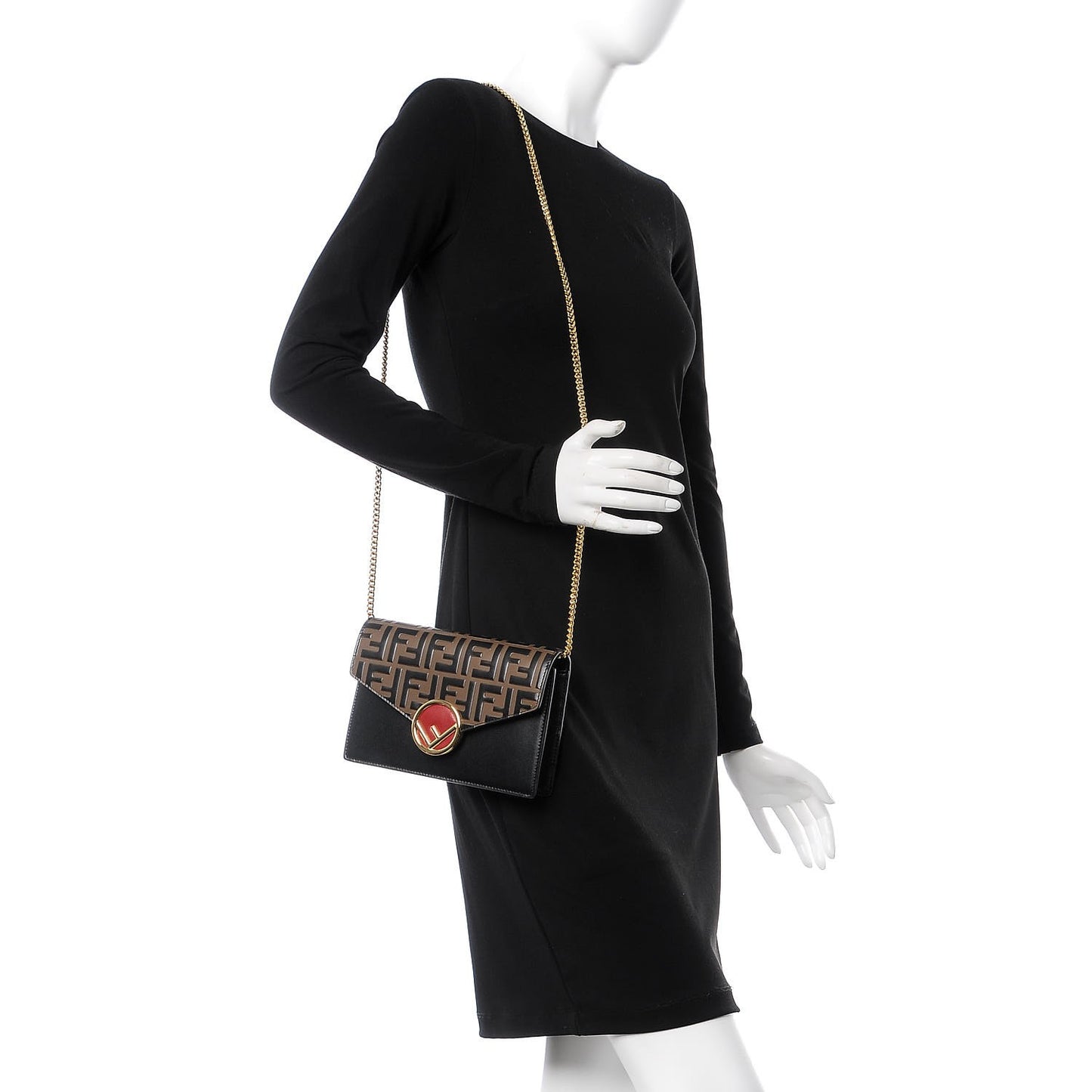Vitello Liberty F is Fendi Bi-Color FF 1974 Embossed Medium Envelope Wallet On Chain Black Maya