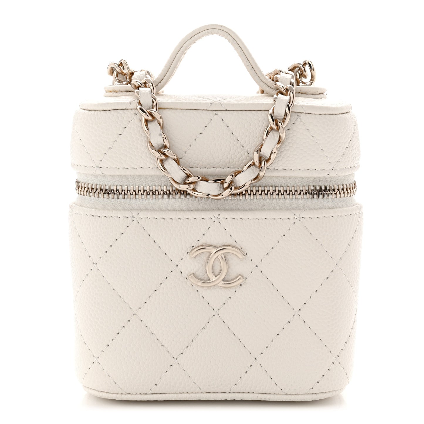 Caviar Quilted Small Handle With Care Vanity Case With Chain White