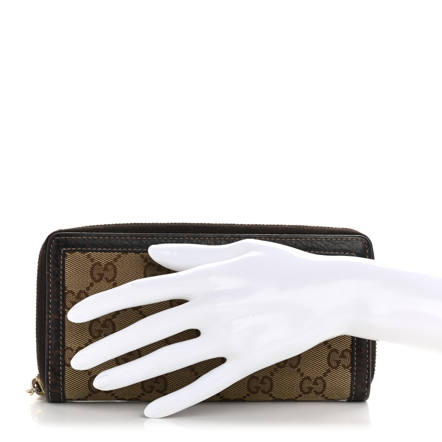 Gucci Monogram Calfskin Bamboo Tassel Zip Around Wallet Beige Ebony Chocolate 2 of 10