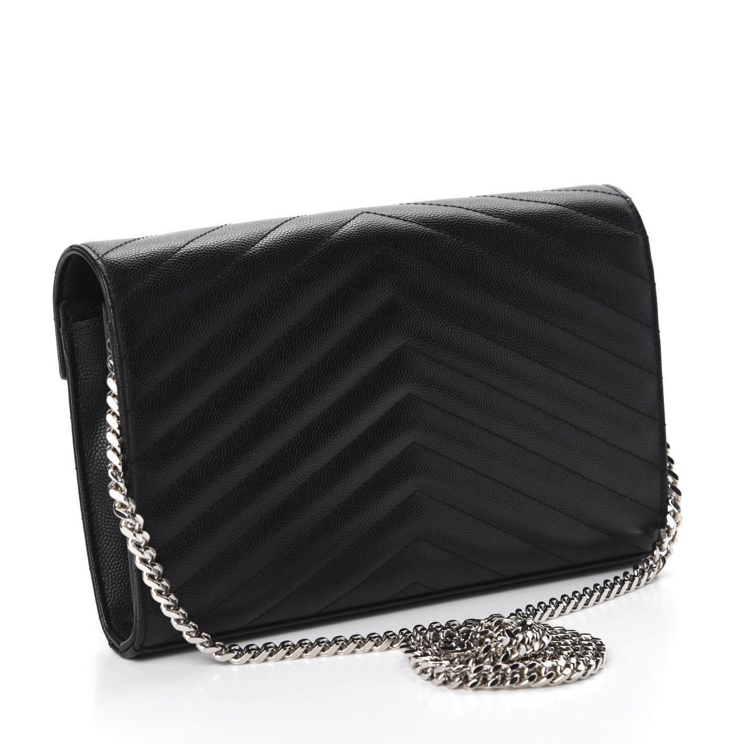 Saint Laurent Grain De Poudre Matelasse Chevron Monogram Chain Wallet Black 3 of 13